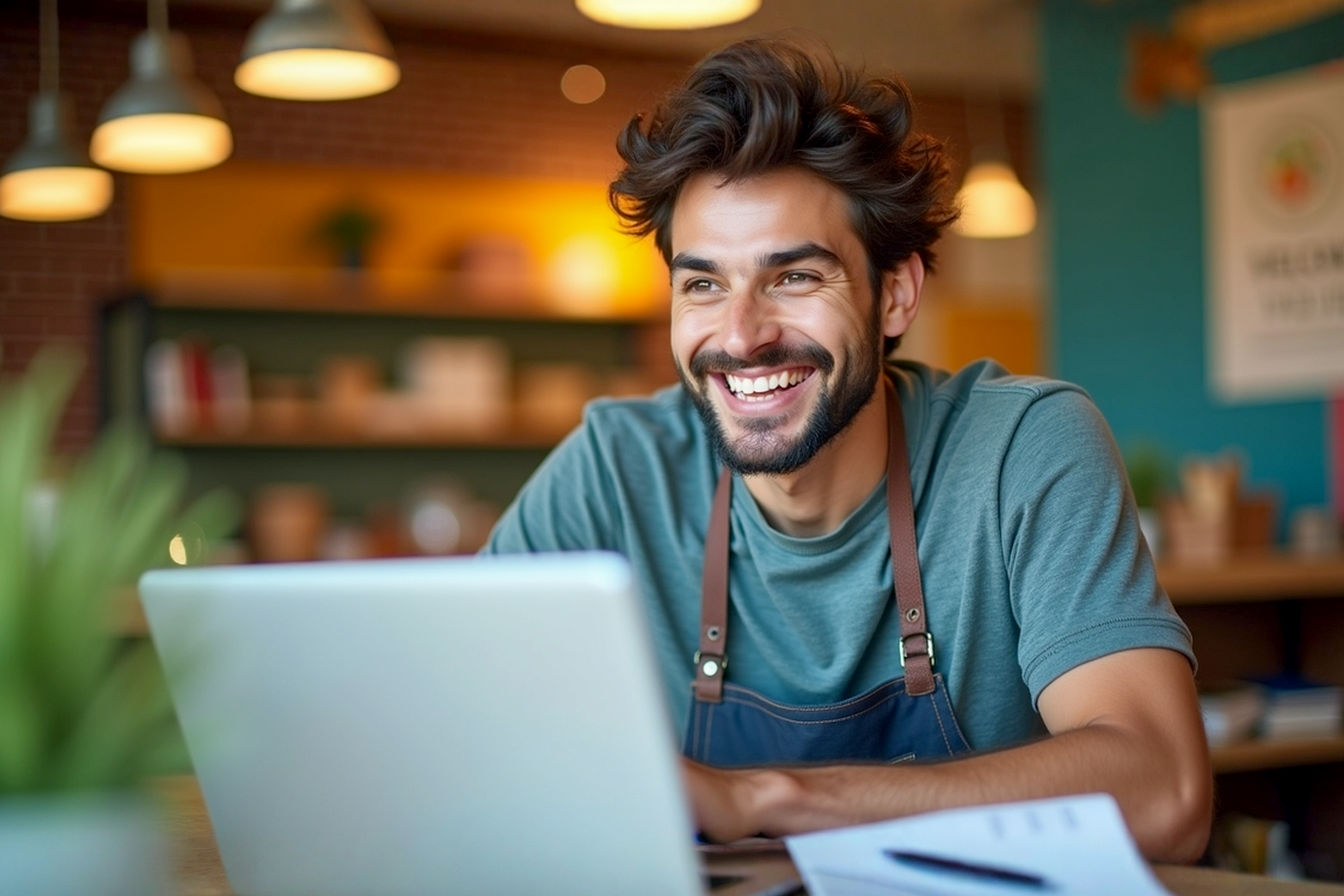 Lifelike professional photograph, bright and inviting, showcasing a small business owner (e.g., friendly baker, skilled tradesperson, or consultant) smiling confidently while working on a laptop. The laptop screen subtly displays a map with location pins or a graph showing upward business growth. In the background, a hint of a welcoming local storefront or office. The overall mood is optimistic, successful, and community-focused. Use warm, natural lighting.