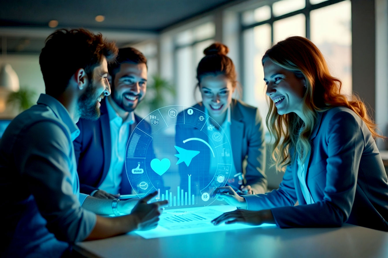 Lifelike, professional photograph depicting a marketing team collaborating around a modern holographic interface displaying social media analytics charts and graphs showing positive ROI. The scene is bright, optimistic, and tech-forward, with subtle representations of popular social media icons integrated into the holographic display. Focus on a sense of achievement and strategic success. Use a shallow depth of field to emphasize the team and the interface. Natural lighting, contemporary office setting.