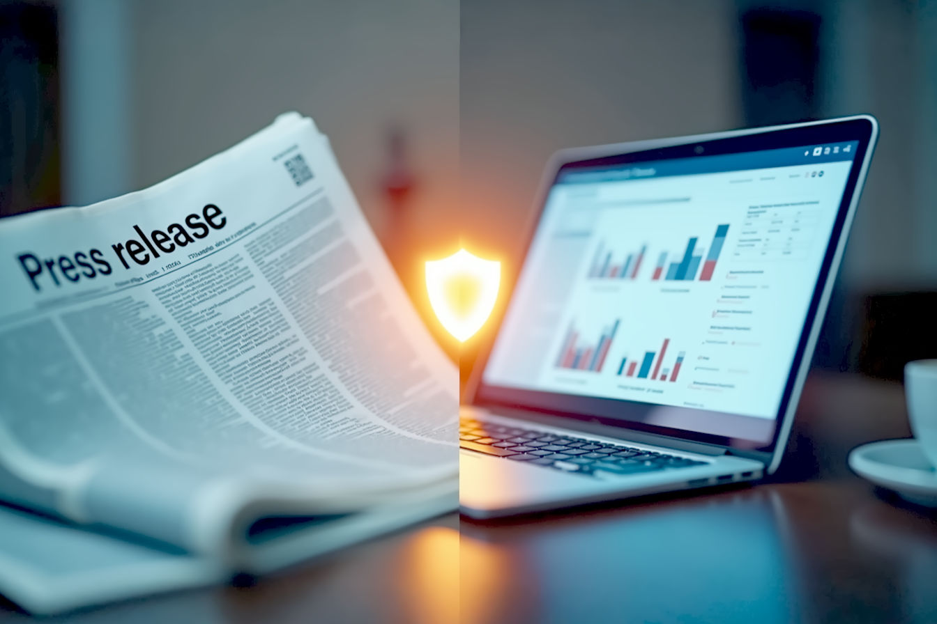 Dynamic split-screen image: Left side shows a classic newspaper with a highlighted press release, conveying tradition and official announcements. Right side shows a modern laptop screen displaying an engaging blog post with interactive charts, symbolizing digital content and reader engagement. A subtle, glowing icon of a shield or a checkmark (representing trust/authority) is centered, bridging both halves. Professional, clean, slightly desaturated tones with a focus on clarity and impact. Studio lighting.