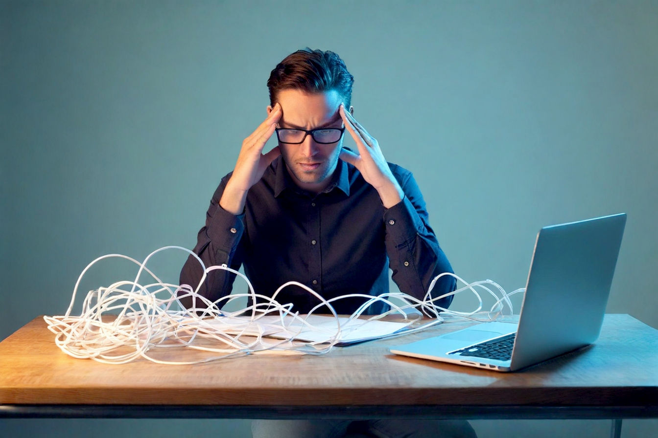 Create a lifelike, professional photograph depicting a frustrated business person looking at a tangled mess of wires (representing chaotic PR and advertising efforts) on one side, and on the other side, a smoothly connected, glowing network gráfica (representing successful, integrated campaigns). The tone should be optimistic, showing a clear solution. Use a clean, modern office background. Focus on a clear visual metaphor for chaos vs. clarity in marketing strategy. Natural lighting, high resolution.