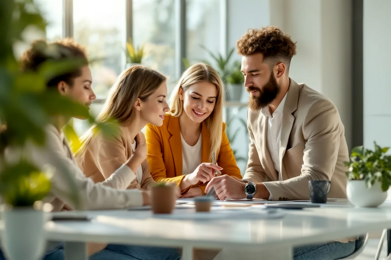 Lifelike pro photography, bright and modern office setting. Three PR professionals are collaboratively working around a sleek, light-colored desk, discussing their PR Sites.