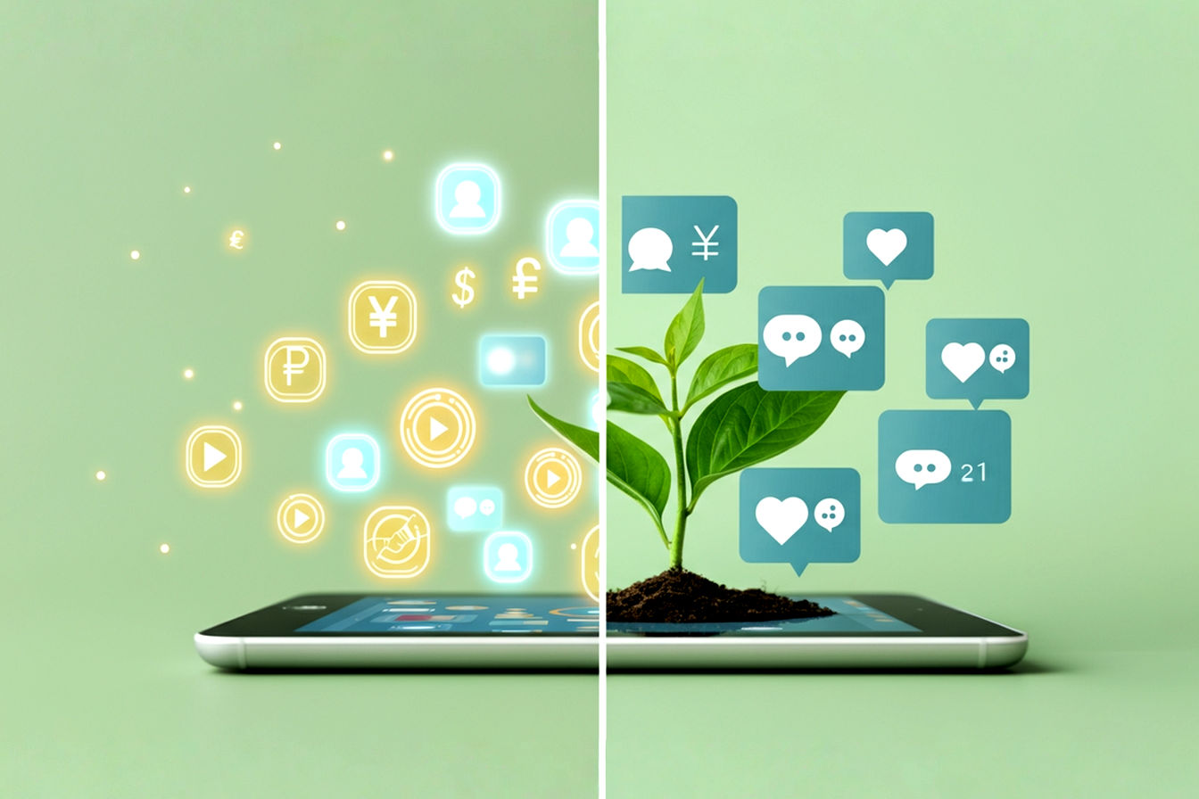 Lifelike professional photography, a split image concept. Left side: dynamic, glowing digital advertising icons (like 'play' buttons, 'target' symbols, currency symbols) with sleek, modern lines, representing paid social media. Right side: a lush, green plant growing from a tablet screen displaying social media engagement icons (hearts, comments, shares), representing organic growth. The overall tone should be bright, optimistic, and tech-forward, symbolizing strategic marketing choices. Focus on a clean, high-contrast aesthetic