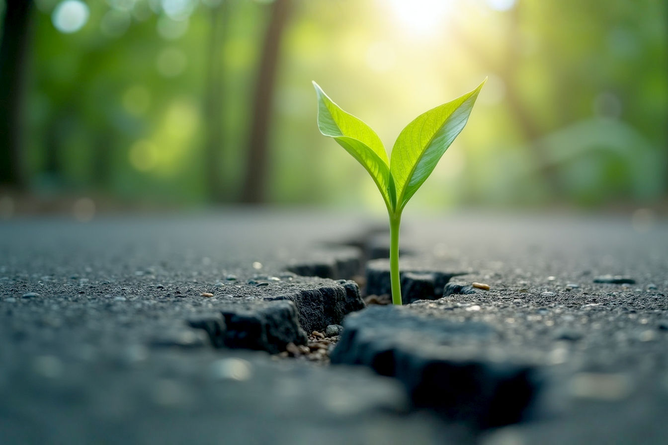 A single, vibrant green plant sprout powerfully breaking through a crack in dark, textured concrete ground, symbolizing growth and potential emerging from a confined space. The lighting is dramatic, focused on the sprout, creating a hopeful and determined mood. The background is slightly blurred, suggesting a wider, unseen landscape. Capture in a lifelike, professional photography style with sharp focus on the sprout and rich textures.
