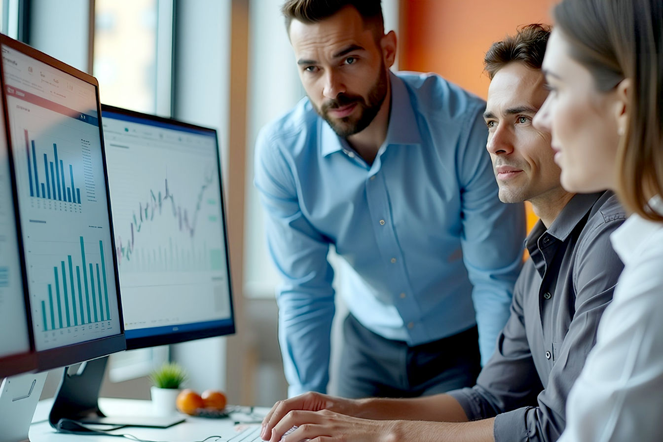 Professional, lifelike, eye-level medium shot photo. A team of marketing professionals are collaboratively discussing a digital interface displayed on a large, sleek monitor in a modern, bright office setting. The interface on the screen clearly shows charts, graphs, and data related to affiliate marketing performance (e.g., clicks, conversions, commissions). The mood is focused, strategic, and positive. Soft, natural lighting from a nearby window. Depth of field with a slightly blurred background of a contemporary office. Emphasize realism and a clean, corporate aesthetic.