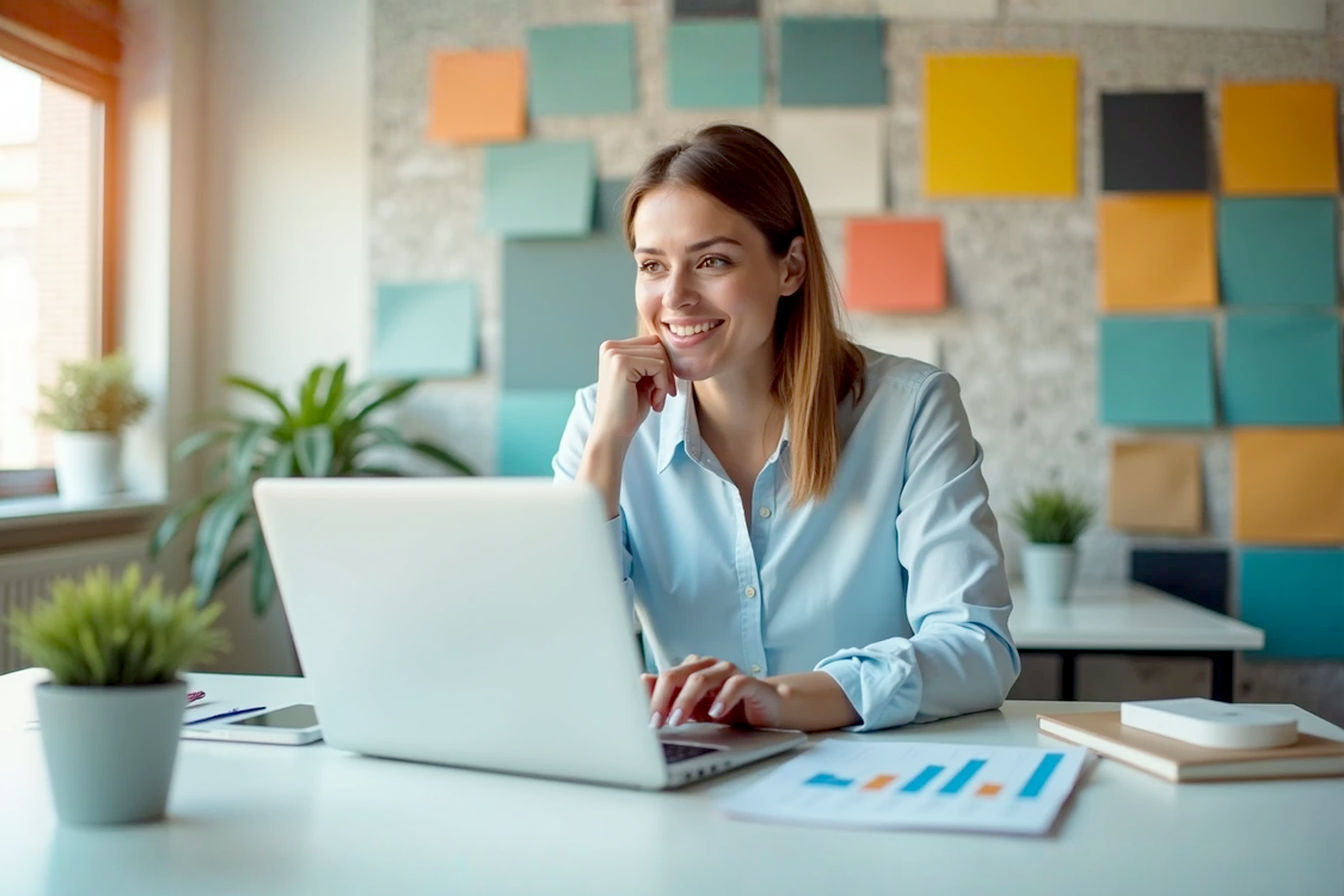 Lifelike pro photography style, eye-level medium shot. A small business owner in their late 30s sits at a clean, modern desk in a bright, airy office, looking thoughtfully at a laptop screen displaying colorful social media ad analytics charts (abstracted, not detailed data). They have a slight smile, conveying a sense of confident decision-making. Soft, natural light. The background is slightly blurred, hinting at a productive office environment. Focus on a feeling of clarity and strategic thinking regarding marketing investment. Minimalist and professional aesthetic.