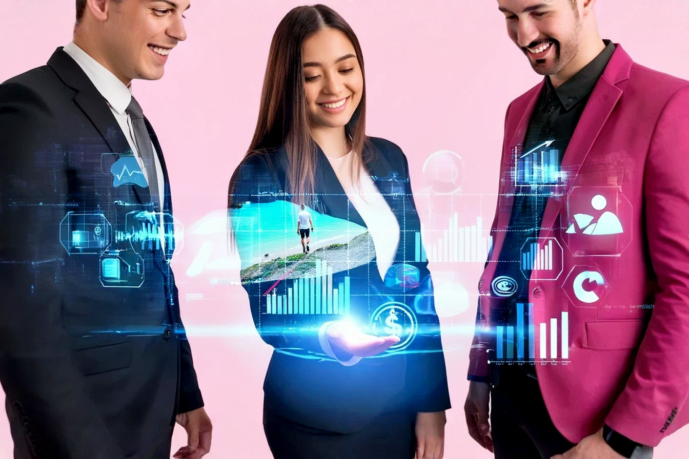 Lifelike, professional photography style image depicting a group of young professionals collaborating around a glowing holographic interface that shows social media style icons transforming into sales charts and currency symbols. The scene should be bright, optimistic, and convey a sense of successful digital strategy. Focus on human interaction with technology, subtle depth of field, and a clean, contemporary aesthetic. No text overlays.