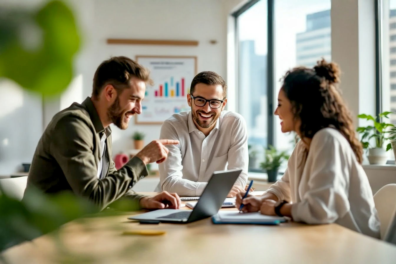 Lifelike professional photography: A team of three young, energetic marketing professionals collaborating around a modern, minimalist desk in a bright, airy office. One person points enthusiastically at a laptop screen displaying colorful social media analytics charts. Another is sketching ideas in a notebook, and the third is engaged in conversation, smiling. The background shows subtle hints of a successful agency environment, like a whiteboard with strategy notes and a large window with a city view. Focus on a sense of optimism, growth, and teamwork. Warm, natural lighting. Shot with a shallow depth of field to emphasize the team.