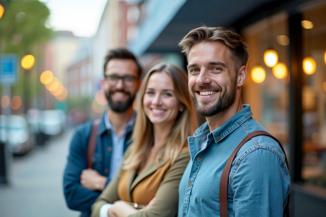Professional, vibrant, eye-level photograph illustrating local business growth through online advertising. Show small business owners smiling and looking confidently towards the viewer. In the background, subtly integrate abstract digital elements like glowing location pins, upward-trending graphs, and faint social media icons, all seamlessly blended into a clean, modern Main Street or bustling local commercial district setting. The lighting should be bright and optimistic, with a shallow depth of field focusing on the business owners. Style: Lifelike, pro photography, warm tones.
