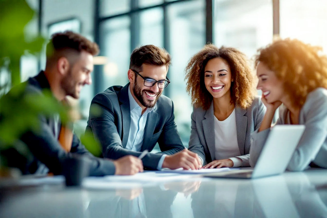 Professional, lifelike photograph capturing a group of social media advertising professionals collaborating enthusiastically around a sleek, modern conference table. The background is a bright, slightly blurred contemporary office setting with large windows and natural light. The overall mood is optimistic, innovative, and focused on teamwork and future-forward strategy. Capture a dynamic angle, shallow depth of field. Style: Clean, impactful, tech-forward, pro photography.