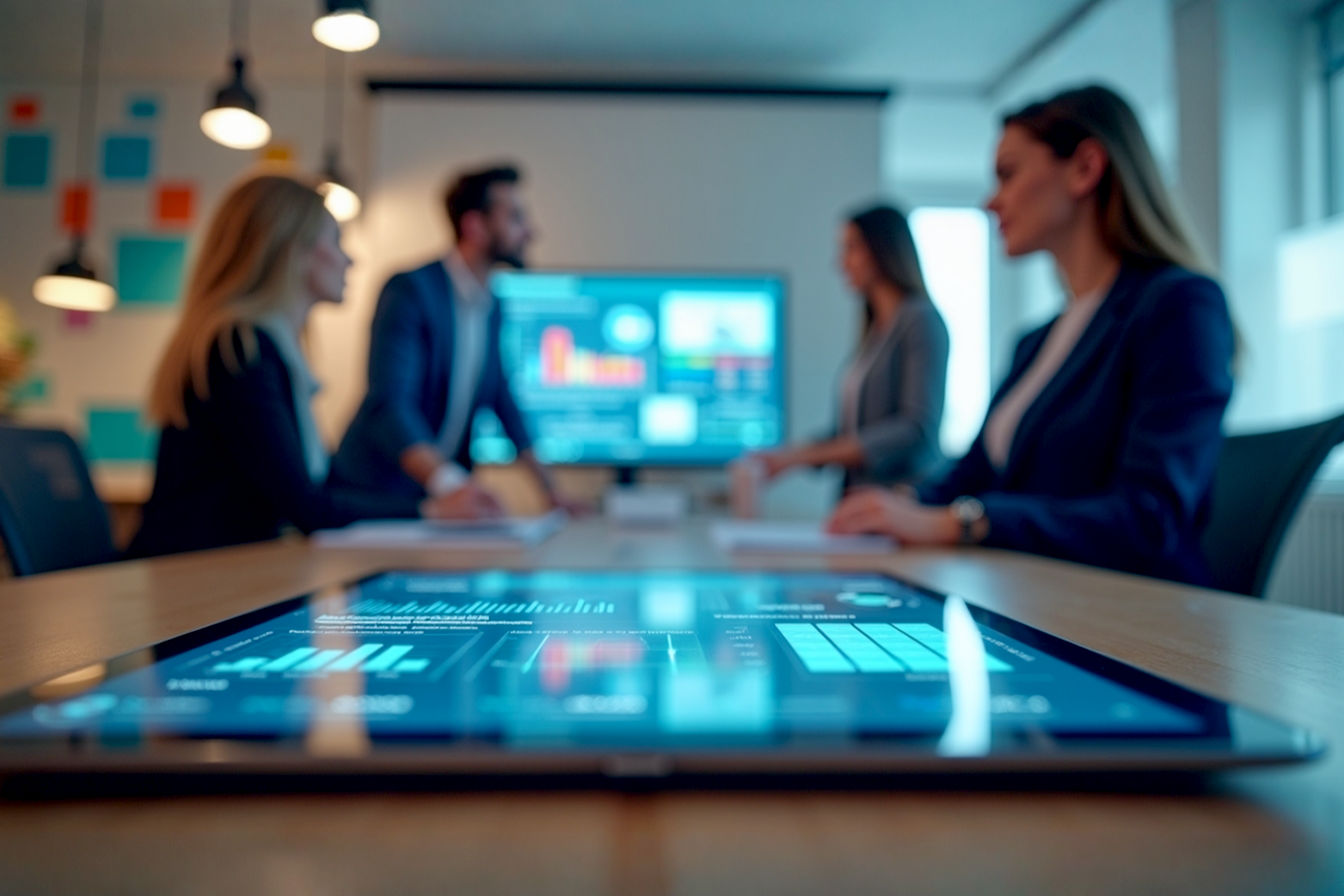 Lifelike pro photography, eye-level shot: A modern, sleek transparent tablet screen in the foreground displays a beautifully designed, dynamic PR website newsroom interface with charts, news headlines, and video thumbnails. The background is slightly blurred, showing a diverse group of professionals in a bright, modern office collaboratively discussing ideas around a large monitor. The overall mood is innovative, strategic, and connected. Focus on the glowing tablet screen. Natural lighting, sharp focus on the tablet.