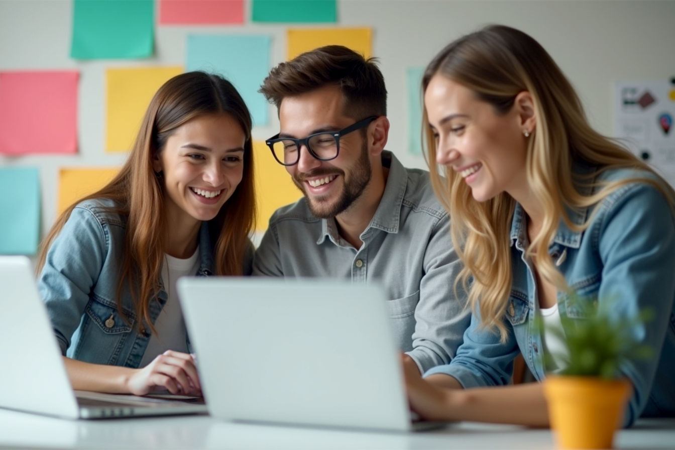 Lifelike pro photography, eye-level medium shot: A group of three enthusiastic young entrepreneurs collaborating around a modern minimalist desk. The background is a clean, bright, modern office space with a few subtle creative elements like a small plant or a motivational poster (out of focus). The overall mood is energetic, optimistic, and focused on creative video production. Emphasize a sense of achievement and teamwork.