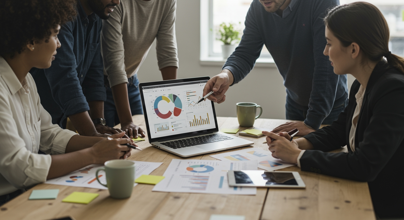 Professional, bright, eye-level medium shot of a marketing team collaborating around a modern, light-wood conference table. They are actively engaged in discussion, pointing at a sleek laptop screen displaying colorful charts and graphs representing customer segmentation. Scattered on the table are a few printed documents resembling customer profiles, a tablet, and coffee mugs. The background is a clean, modern office setting with soft, natural light coming from a window (out of focus). The overall mood is focused, strategic, and optimistic. Emphasize a sense of successful teamwork and data-driven decision-making. Photography style: sharp, clean, professional, with a slightly warm tone.