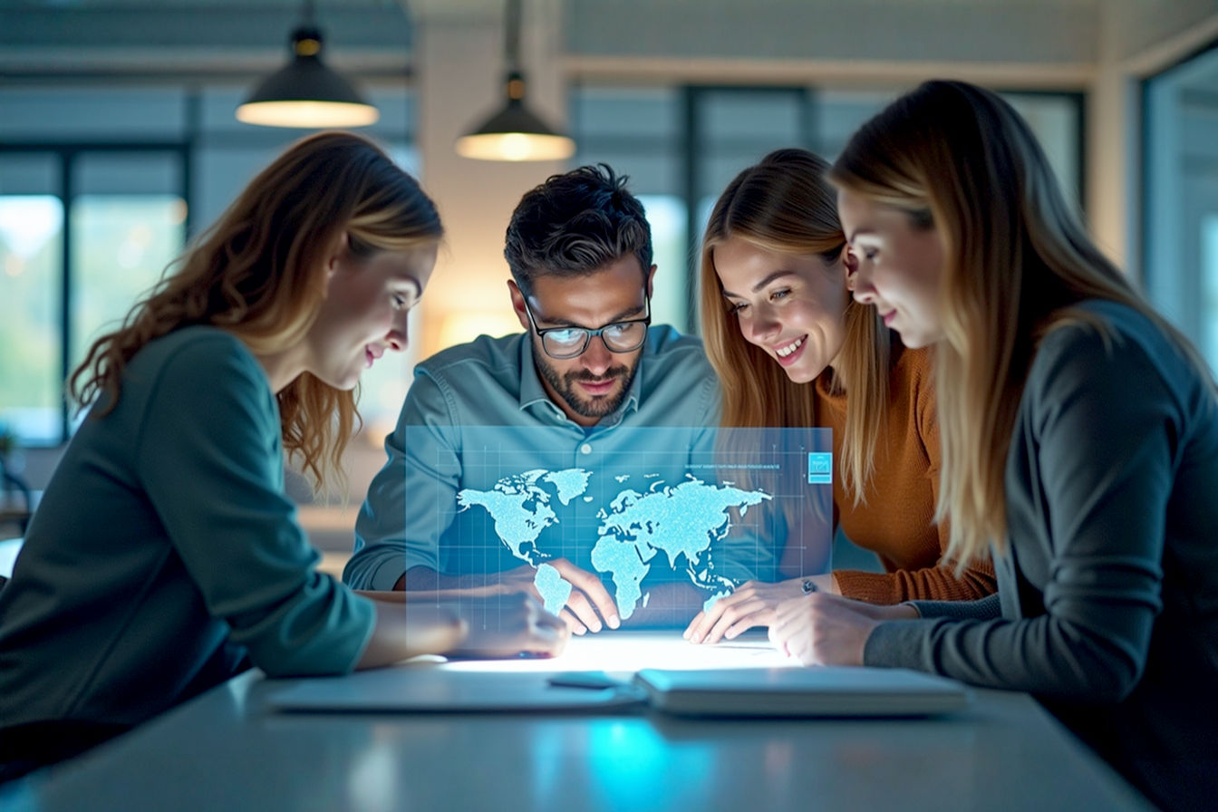 Lifelike pro photography, bright modern office setting. A marketing team collaborates around a holographic interface displaying intricate data visualizations and creative ad mockups. Subtle AI-inspired light patterns emanate from the hologram, symbolizing intelligent insights. Focus on human interaction augmented by technology. Warm, optimistic, innovative atmosphere.