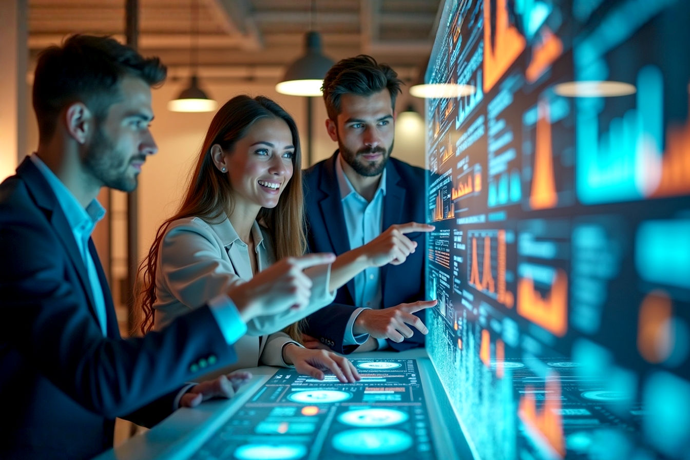 Lifelike professional photography, eye-level shot: A dB2B marketing team collaborating around a futuristic holographic interface displaying glowing data visualizations and AI neural network patterns. The office environment is modern and bright, with subtle hints of technology integrated into the background. Team members appear engaged and optimistic, pointing at the interface. Focus on a sense of innovation, collaboration, and data-driven strategy. Warm, inviting lighting. Shot with a DSLR camera, 50mm lens, f/2.8 aperture for a slightly blurred background, emphasizing the team and the interface.