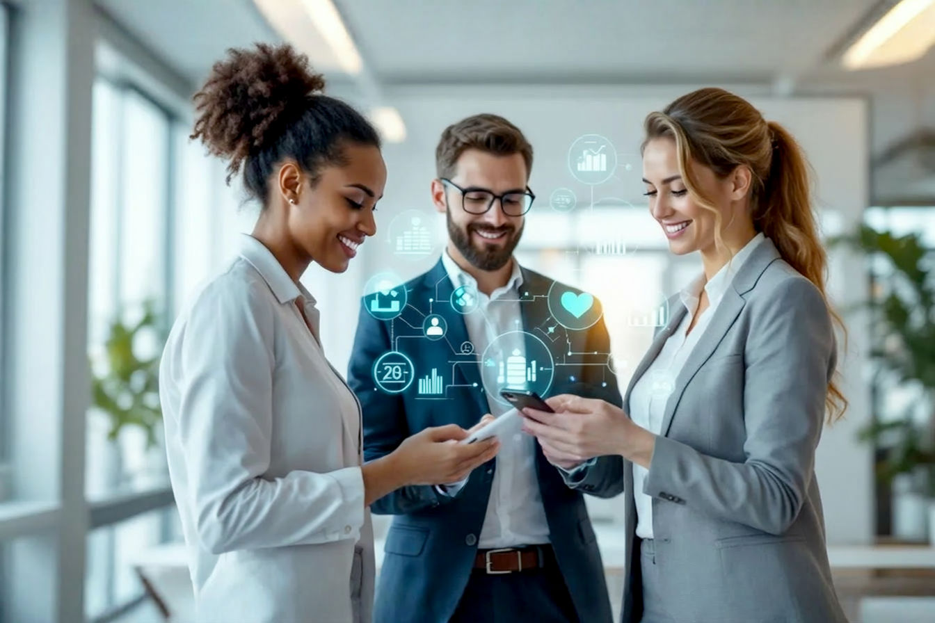 Lifelike pro photography, eye-level shot: A group of three marketing professionals collaborates around a futuristic, holographic interface displaying interconnected app icons and data charts representing a martech stack. The background is a modern, bright office setting, slightly blurred. The mood is focused, innovative, and optimistic. Emphasize clean lines, subtle tech glow, and a sense of teamwork. Natural lighting, high detail.