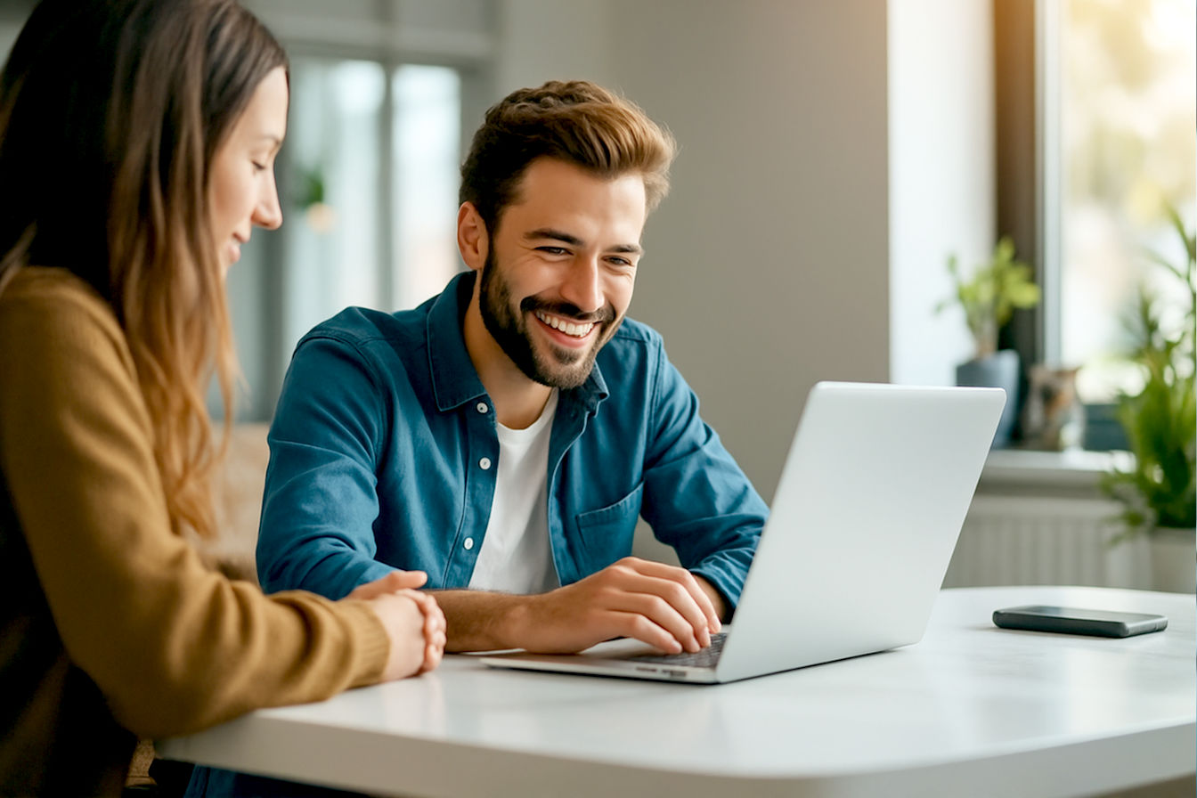 Lifelike, professional photograph style. A small business owner or marketer, looking optimistic and engaged, sits at a clean, modern desk. They are interacting with a sleek laptop displaying an intuitive, futuristic digital marketing dashboard with glowing AI-related icons (like a brain, network, chart). Soft, natural light fills the contemporary office space. The overall mood is inspiring, accessible technology, and forward-thinking. Focus on the person's positive expression and the clear, but not overly complex, AI interface elements. No text on screen.