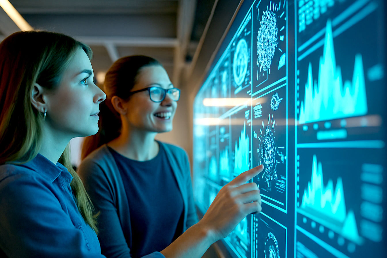 A team of marketers in a modern, bright office collaboratively analyzing complex, glowing data visualizations and customer journey maps on a large transparent screen, with subtle AI-themed neural network patterns integrated into the background. The mood is optimistic, focused, and innovative. Style: Lifelike professional photography, slightly futuristic, clean aesthetics.