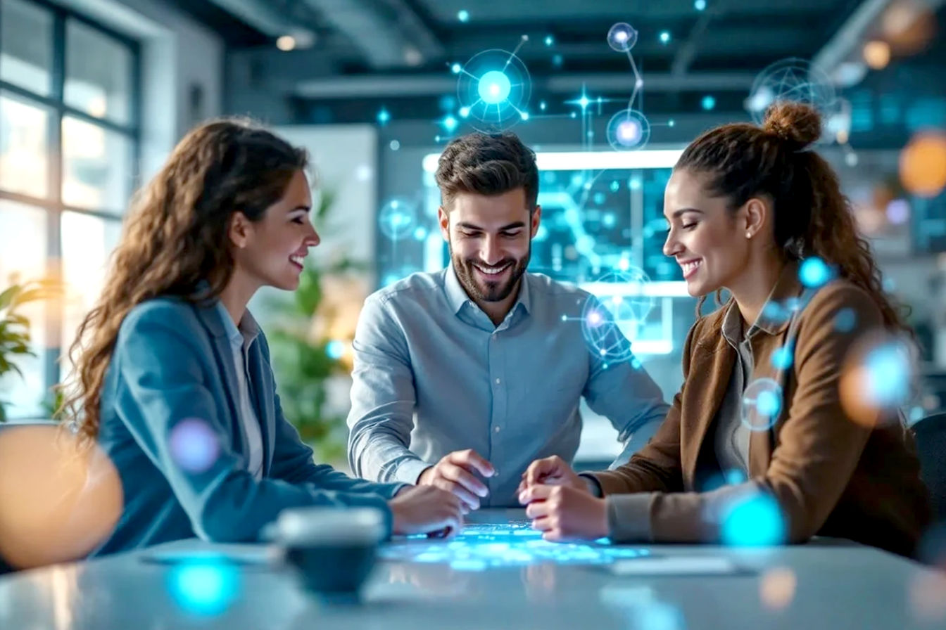 Lifelike pro photography style image. A team of B2B marketing professionals in a modern office collaboratively interacting with a holographic interface displaying glowing abstract representations of data, networks, and AI neural pathways. The mood is optimistic, innovative, and focused. Soft, natural lighting with a slight blueish tech-hue. Emphasize collaboration and the 'human-AI partnership' in solving complex problems. Background shows subtle hints of a thriving business environment. Focus on clear, sharp details and a sense of advanced technology seamlessly integrated into a human workspace.