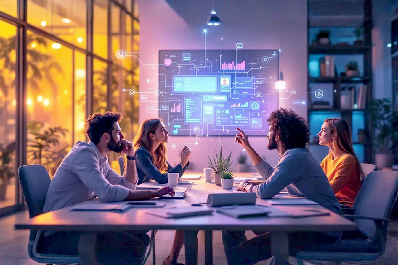Lifelike pro photography, vibrant and modern office setting. A marketing team collaborates around a sleek holographic interface displaying interconnected data points, customer journey maps, and AI-generated content snippets. Light glows from the hologram, illuminating their engaged faces. Focus on a sense of innovation, collaboration, and data-driven strategy. Keywords: AI, marketing, technology, teamwork, future, data visualization, bright, clean aesthetic.