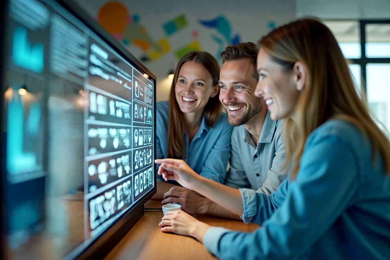 Lifelike professional photography, eye-level shot: A marketing team of three in a modern, bright office setting, collaboratively interacting with a sleek, futuristic holographic interface displaying abstract data visualizations and creative content elements (like text snippets and image thumbnails). They appear engaged, curious, and optimistic. Soft, natural lighting from a nearby window. Depth of field with the team in sharp focus and the background slightly blurred.