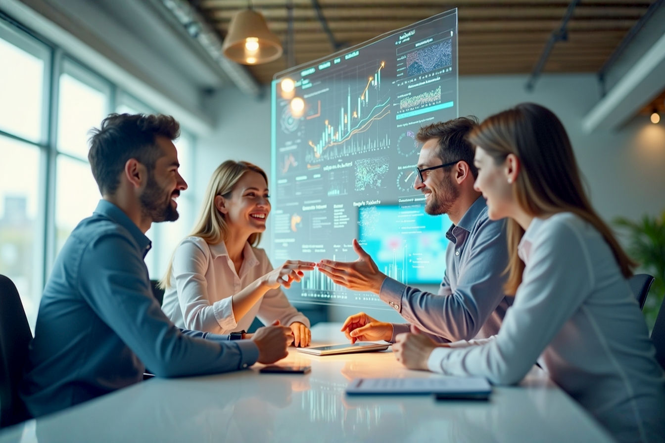 Lifelike professional photography, eye-level shot: A group of three marketing professionals are collaboratively engaging with a futuristic, holographic interface displaying dynamic charts, graphs, and abstract representations of data and network connections. They appear focused and inspired. The background is a modern, bright office setting, slightly blurred to emphasize the subjects and the holographic display. The overall mood is innovative, forward-thinking, and optimistic. Soft, natural lighting with subtle lens flare.