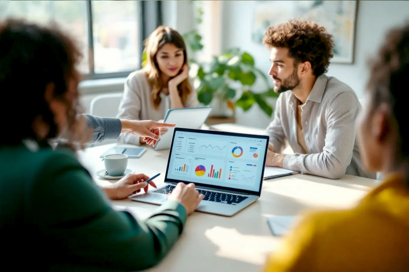 Pro photography, eye-level, bright modern office setting: A team of three marketing professionals are gathered around a sleek, light-colored conference table. One person is pointing to a laptop screen displaying a vibrant marketing analytics dashboard with charts and graphs. Another holds a tablet showing a customer journey map. The third is actively listening, perhaps with a pen and notepad. The overall mood is collaborative, focused, and positive. Soft, natural light fills the scene. The technology is clearly visible but integrated naturally into their discussion. Emphasize teamwork and strategic use of technology. Subtle depth of field