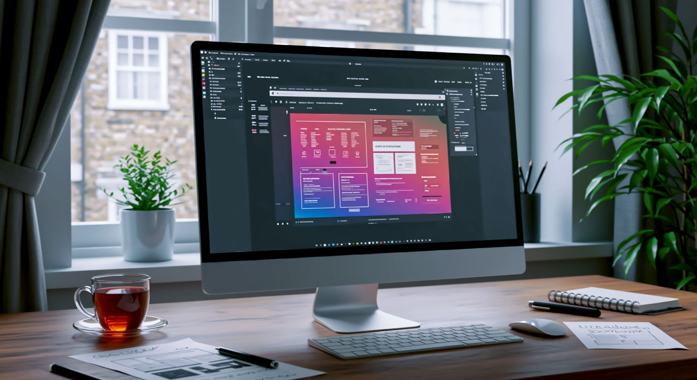 A hyper-realistic, professional photograph showing a creative British web developer's desk. In the centre is a sleek, modern monitor displaying a visually stunning website layout made with CSS Grid and vibrant gradients. Around the monitor are a cup of tea, a notebook with hand-drawn layout sketches, and some lush green desk plants. The lighting is soft and natural, coming from a nearby window overlooking a typical London street scene. The mood is calm, focused, and creative, evoking a sense of modern craftsmanship and digital artistry.