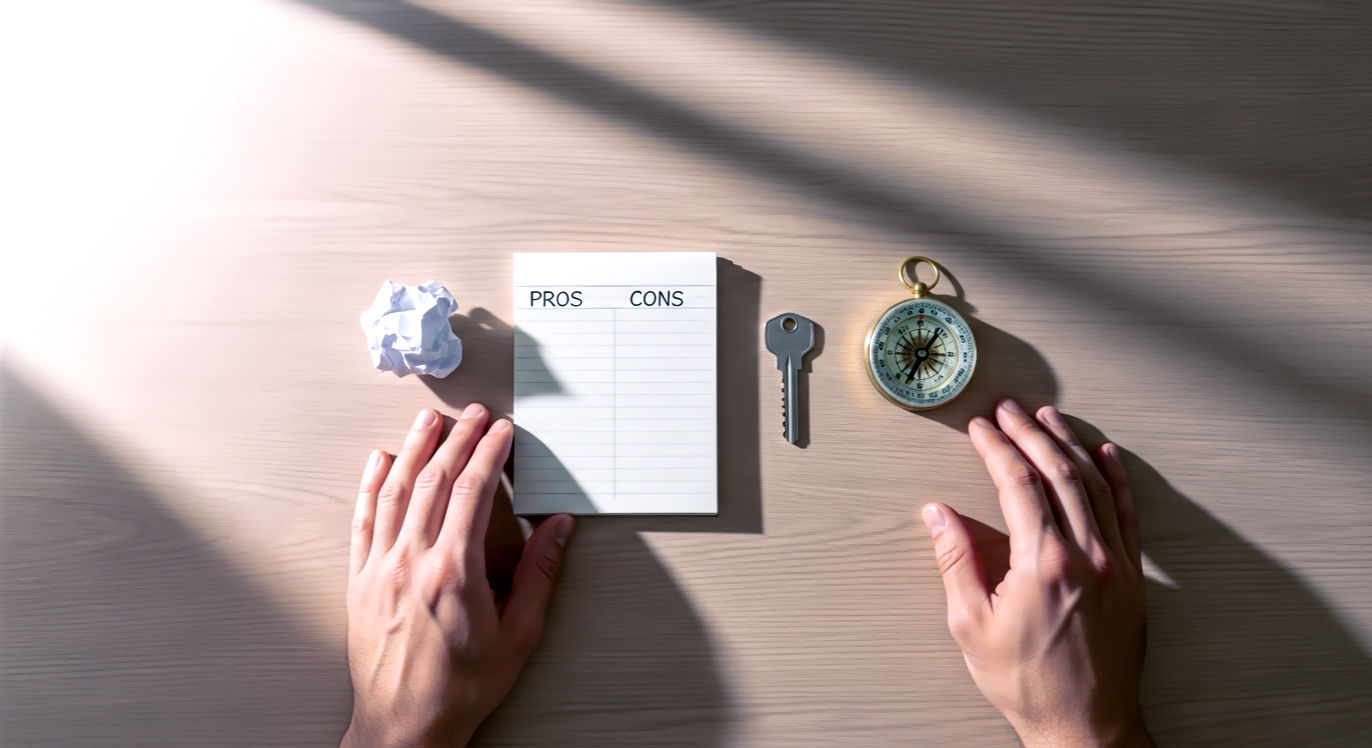 A crisp, professional, overhead photograph of a clean, modern wooden desk. On the desk, a person's hands are visible, thoughtfully organizing several scattered elements into a clear, straight line: a crumpled piece of paper (representing "chaos/info"), a notepad with a "pro/con" list, a single key (representing "the choice"), and finally a compass (representing "action/direction"). The lighting is bright and natural, coming from a window just out of frame, creating a mood of clarity, focus, and new beginnings.