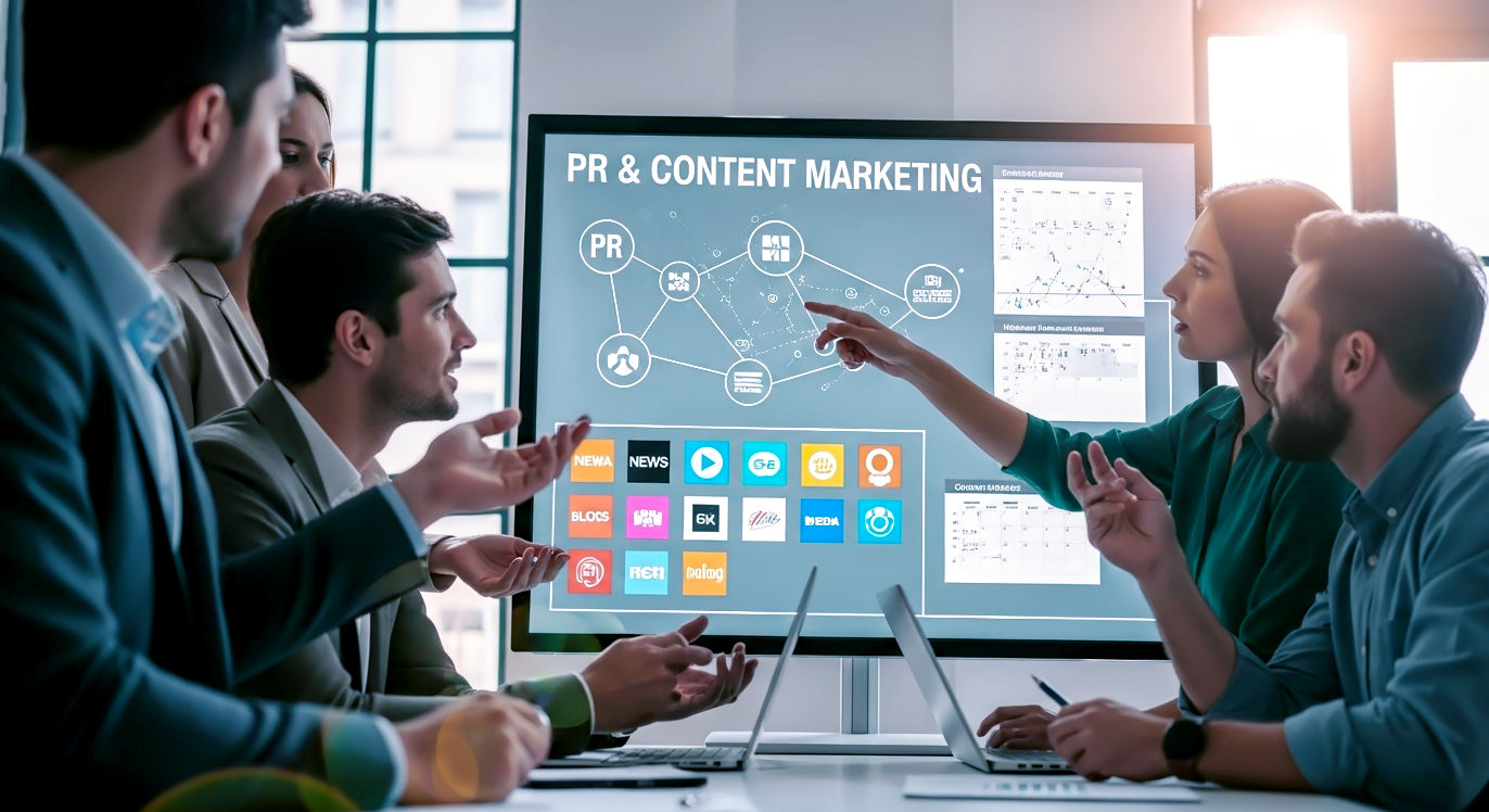 A dynamic, professional photograph showing the seamless integration of PR and content marketing. The image captures a modern marketing team collaborating around a large, illuminated smart screen that displays interconnected data points, media logos, and content calendars. The composition is active and engaging, with one team member pointing to the screen while others discuss strategy. Use bright, natural-looking office lighting with a slight lens flare to create a forward-thinking, successful, and synergistic mood.