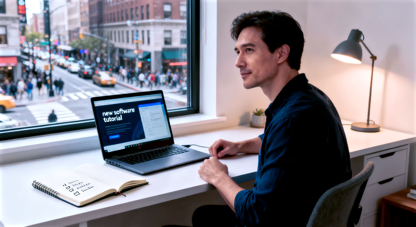 A vibrant, professional photograph of a person in their 30s at a modern, clean home office desk. They are calmly looking at a laptop displaying a tutorial for a new software, while a notebook open beside them has a handwritten list titled "New Skills." A window shows a bustling city street outside, suggesting a fast-paced world, but the person's posture is confident and prepared. The composition is a medium shot, capturing the organized workspace and the subject's adaptable mindset. The lighting is crisp and clear, blending natural light with a soft desk lamp. The mood is one of calm confidence, professional resilience, and empowered adaptability.