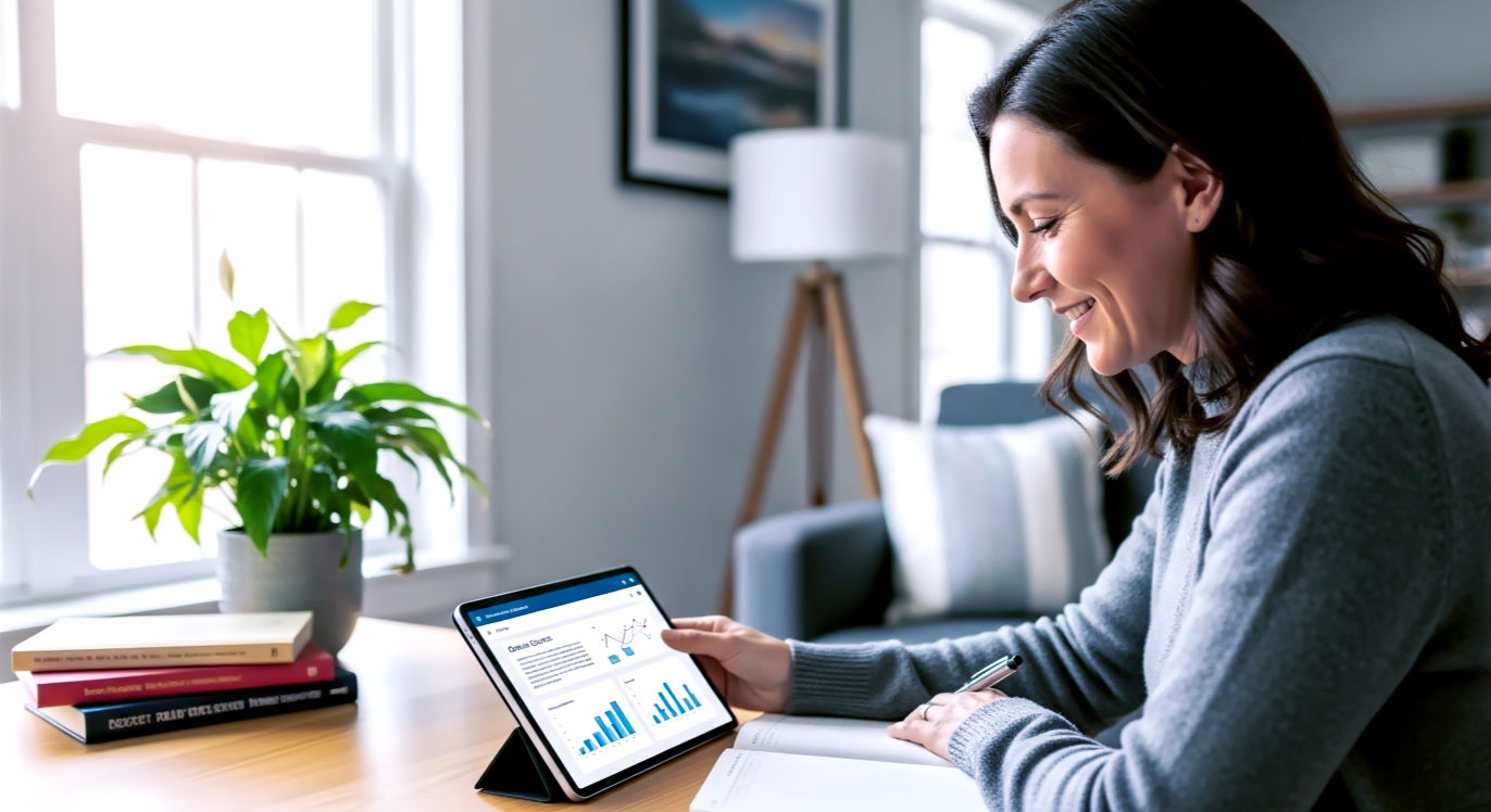 A vibrant, professional photograph capturing a person in their 40s sitting in a bright, modern living room, completely absorbed in learning. They are smiling slightly, focused on a tablet displaying an online course, with a notebook and pen beside them. Soft, natural light streams in from a nearby window, illuminating a healthy plant and a small stack of books on the table. The mood is one of quiet focus, empowerment, and personal fulfillment. The composition is a medium shot, drawing the viewer into this personal, transformative moment.