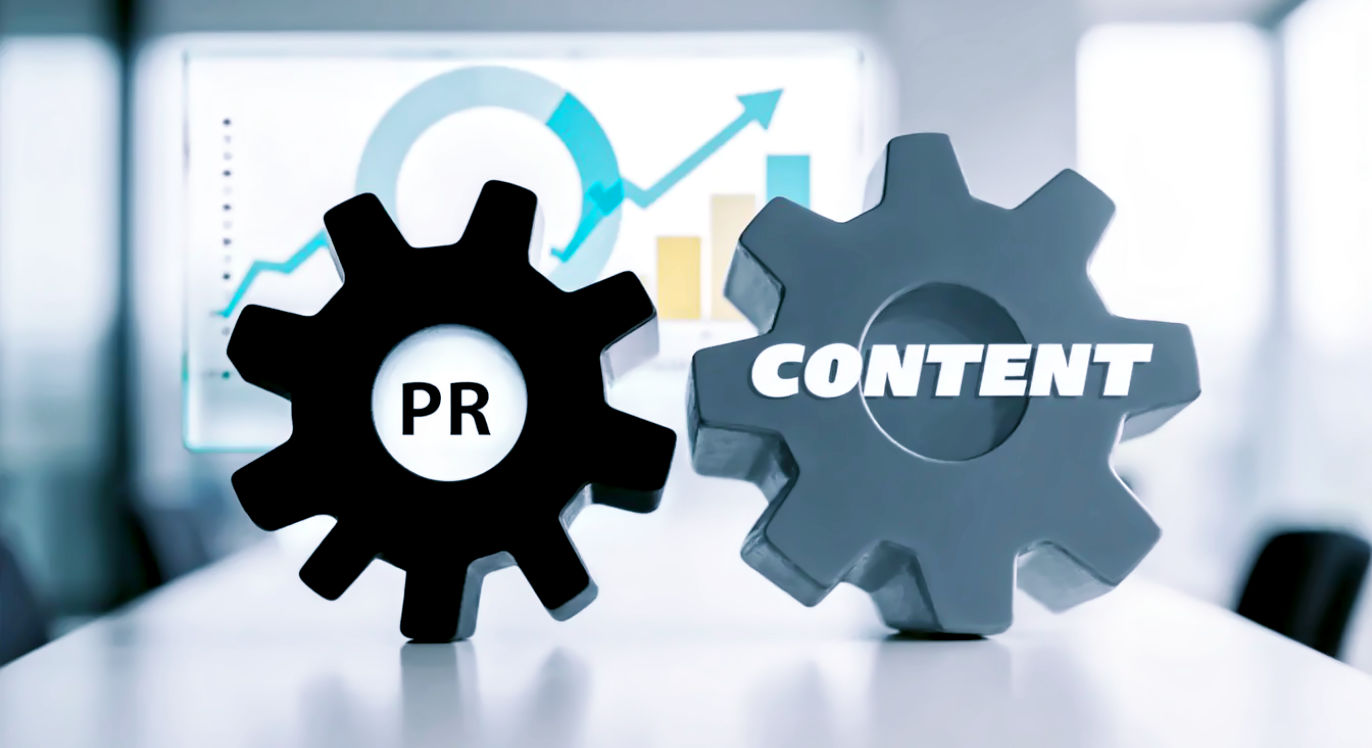 A professional photograph showing two distinct but connected gears, one labeled "PR" and the other "CONTENT," meshing together perfectly. The background is a clean, modern office setting with blurred charts showing upward growth. The lighting is bright and optimistic, symbolizing strategy and success. The style should be realistic and high-quality, suitable for a corporate blog.