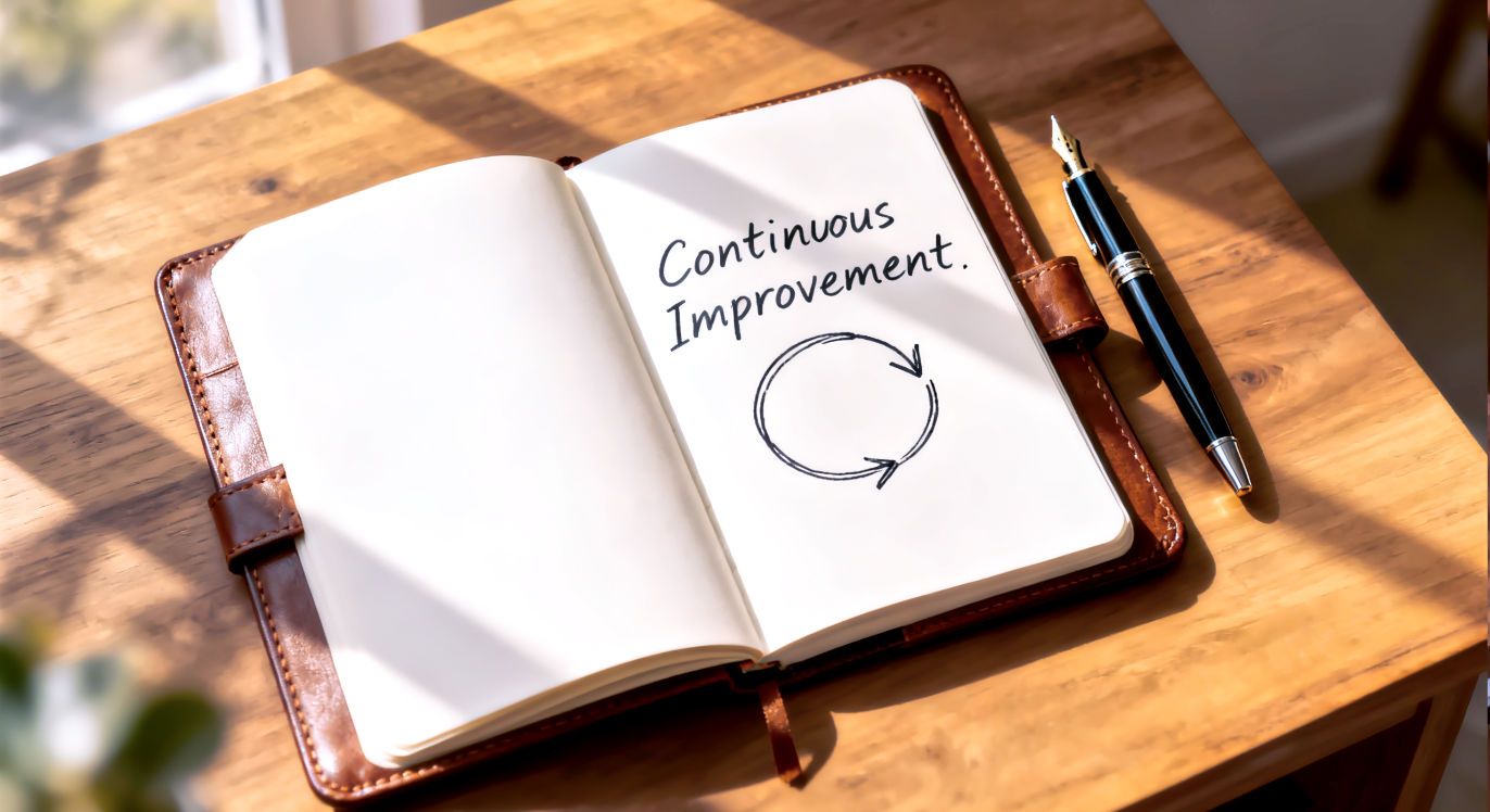 A crisp, professional, overhead photograph of a clean, modern wooden desk. An open, high-quality leather-bound journal and a classic fountain pen are placed in the center. On the open page, a few lines of neat handwriting are visible, alongside a simple, hand-drawn circular arrow, symbolizing a feedback loop. The lighting is bright and natural, creating a calm, reflective mood focused on learning, wisdom, and continuous improvement.