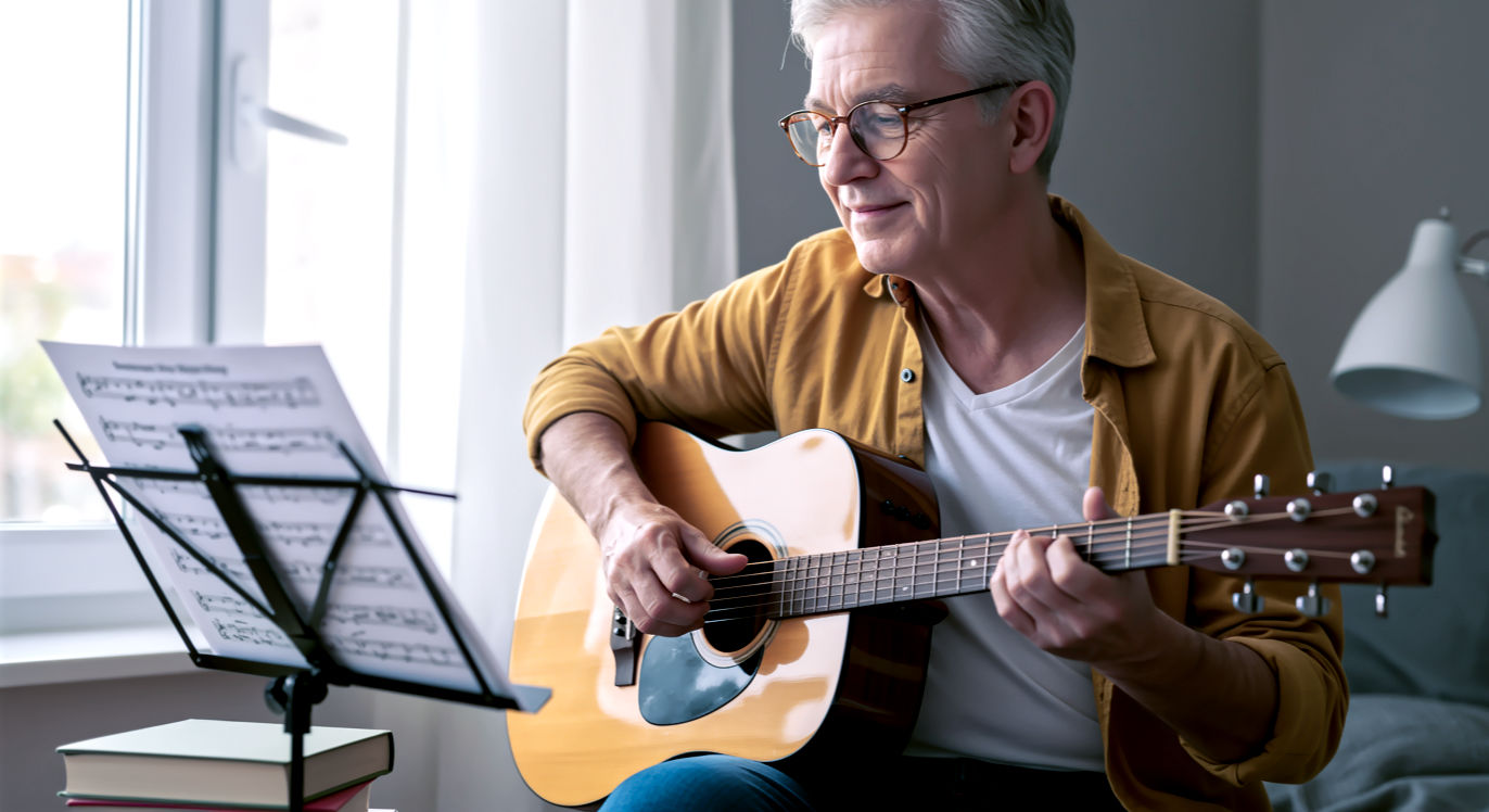 A vibrant, professional photograph capturing a person in their late 60s sitting by a bright window, deeply engaged in learning to play the acoustic guitar. Their face shows a look of pleasant, focused concentration as they look at a piece of sheet music propped up on a stand. The composition is a close-up shot, highlighting the intricate movement of their hands on the frets and their engaged expression. Soft morning light fills the room, illuminating the rich wood of the guitar and a small, tidy stack of music theory books nearby. The mood is one of quiet determination, mental acuity, and the joy of tackling a new challenge.