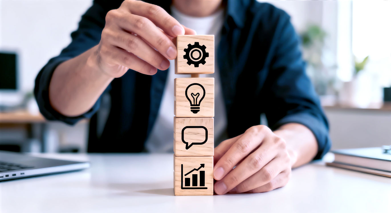 A professional, high-concept photograph illustrating the idea of "skill stacking." The central image is a set of clean, modern, minimalist wooden blocks, each with a single, clear icon representing a different skill (e.g., a gear for 'engineering,' a lightbulb for 'creativity,' a speech bubble for 'communication,' a bar chart for 'data'). The blocks are being neatly stacked on top of each other by a pair of clean hands, forming a stable, rising tower. The background is bright, slightly out of focus, and warm (perhaps a modern home office or studio). The lighting is soft and natural, emphasizing the texture of the wood and the clarity of the icons. The mood is one of focused, intentional, and intelligent construction.