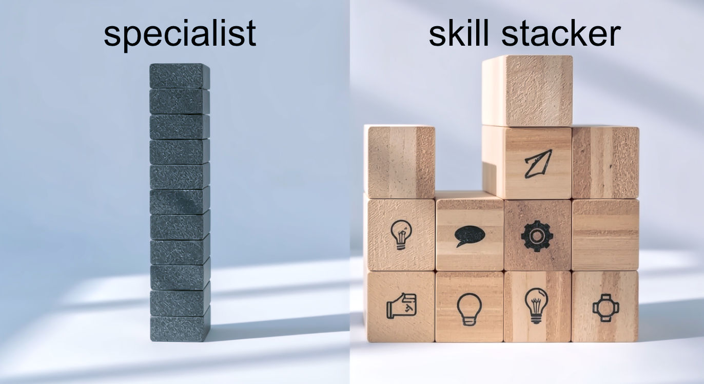 A professional, high-concept photograph illustrating the contrast between specialization and skill stacking. The composition is split: on the left, a single, tall, and precarious-looking column is built from identical, dark gray blocks, representing the "one-percent" trap. On the right, a wider, more stable, and interlocking structure is built from various wooden blocks, each with a different color and minimalist icon (e.g., a gear, a lightbulb, a speech bubble). The lighting is soft and natural, casting a slight shadow from the tall column while illuminating the stability of the stacked structure. The mood is one of strategic contrast, highlighting "risk vs. resilience."