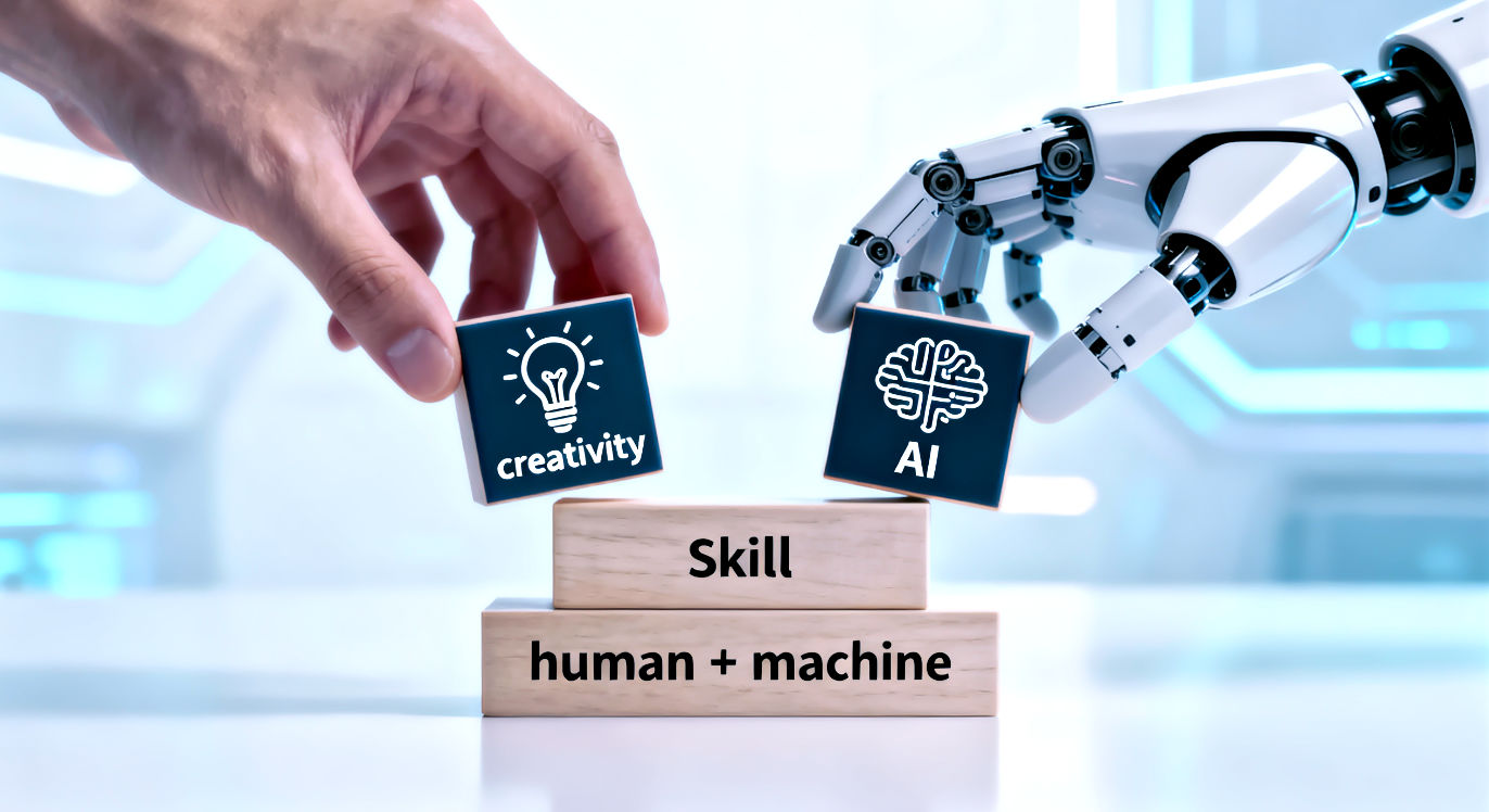 A professional, high-concept photograph symbolizing the collaboration between human and machine. A human hand and a sleek, minimalist robotic hand are shown working together to place the final two blocks on a skill stack. The human hand is placing a block with a 'creativity' icon (a lightbulb), while the robotic hand holds a block with an 'AI' icon (a simple neural network or brain circuit). The background is bright, clean, and slightly futuristic. The lighting is soft and natural, highlighting the harmony between the two hands. The mood is one of positive collaboration, innovation, and "human + machine" synergy.