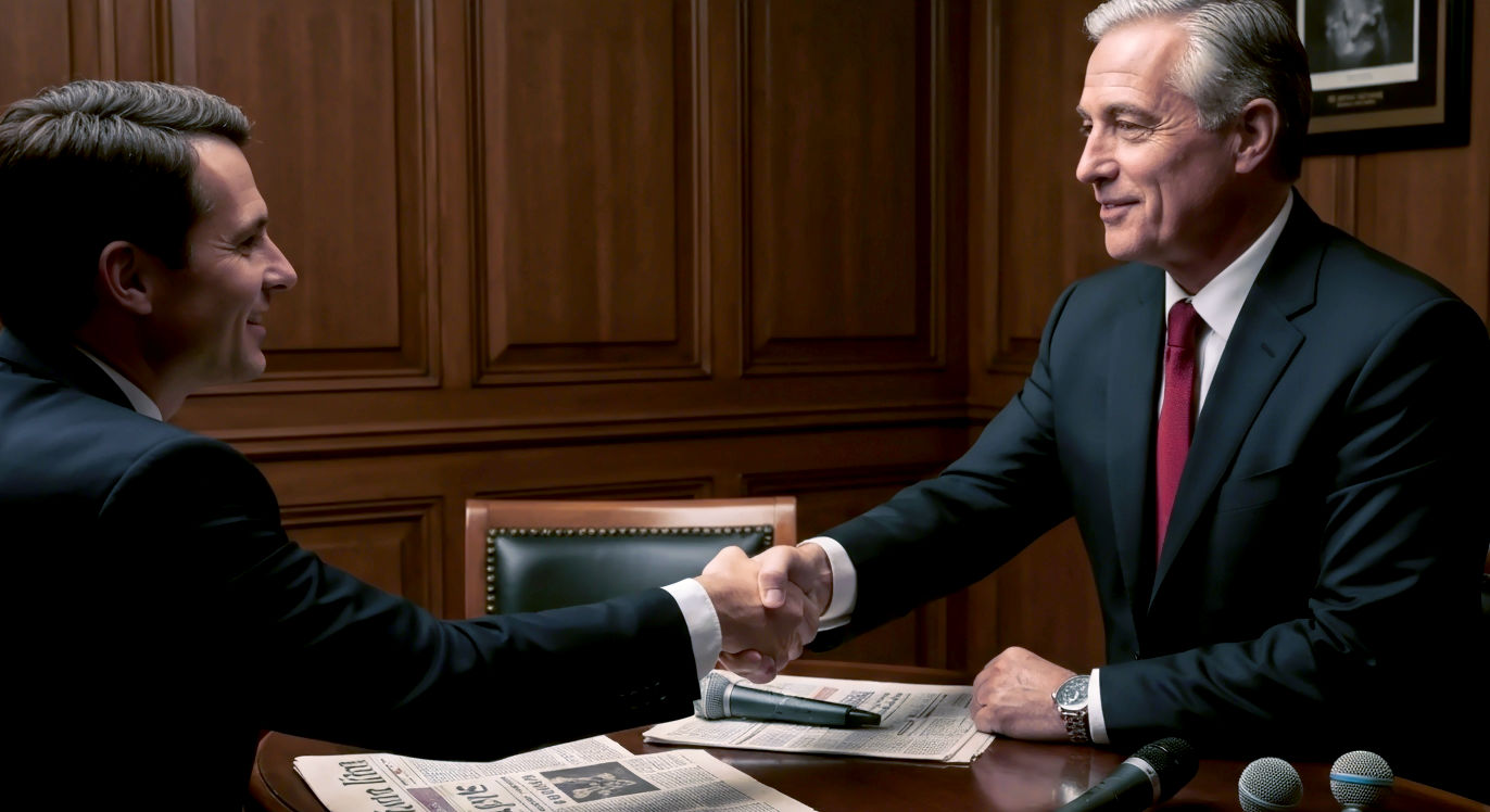 A detailed, professional photograph capturing the essence of traditional public relations. The image features a seasoned executive confidently shaking hands with a journalist in a classic, wood-paneled press club lounge. The composition is a medium shot, focusing on the handshake, with vintage newspapers and microphones visible on a nearby table. Use warm, low-key lighting to create a mood of established trust, credibility, and influential conversation.