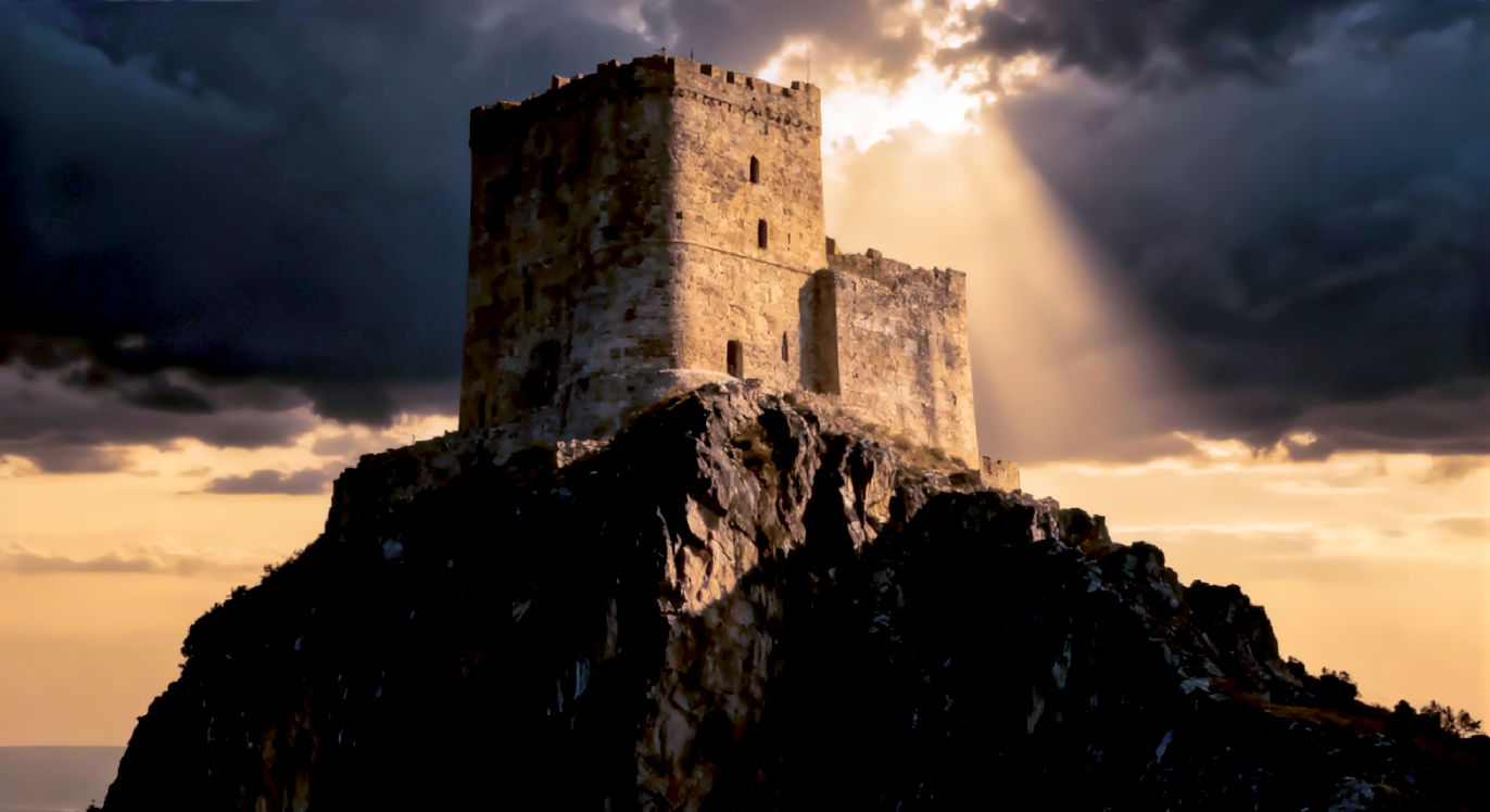 Professional DSLR photo, 16:9, dramatic golden-hour light. Subject: A massive, ancient stone fortress or tower, standing firm on a rocky clifftop. Foreground: The sharp, unyielding texture of the dark cliff-face it's built upon. Background: Stormy, dark clouds parting as a single, powerful beam of light illuminates the fortress, symbolizing "God is our refuge." Mood: Unshakeable. Note: NO text, NO abstract graphics. The focus is on the structure's permanence and strength against the elements.