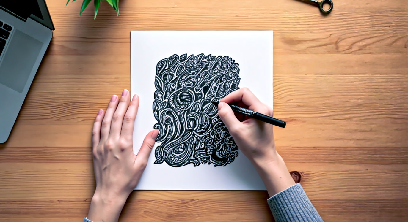 Professional DSLR photo, 16:9, bright overhead light. Subject: A person's hands at a simple wooden desk. Foreground: The hands are actively working on a "blackout poetry" page with a black marker. Several other "found objects" (a single key, a small toy, a_ paperclip) are visible on the desk. Background: The background is a clean, slightly-blurred workspace with a laptop (closed) and a small green plant. Mood: Engaged. Note: NO text, NO abstract graphics. Focus on the act of creating.