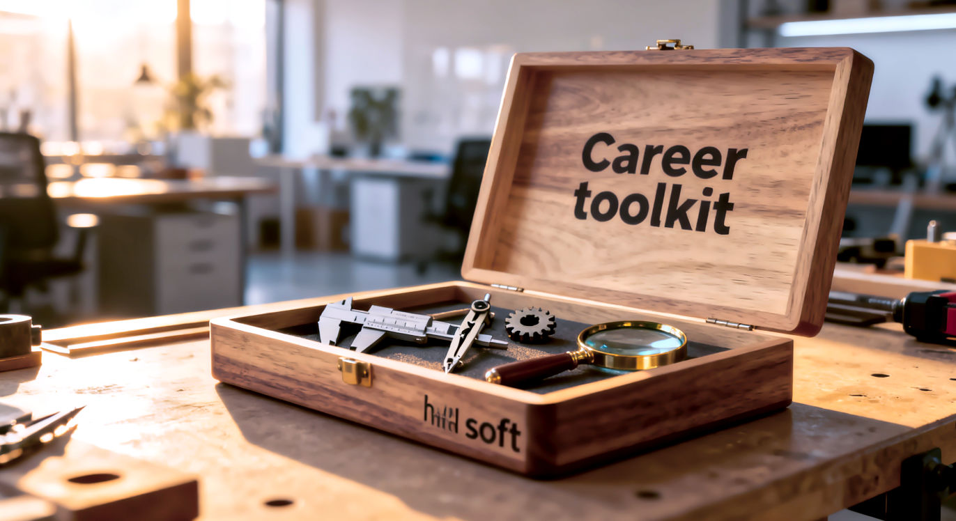 Professional DSLR photo, 16:9, golden-hour side light. Subject: A beautifully crafted, modern wooden "career toolkit" sitting on a clean workshop bench. Foreground: One tray of the toolkit is open, showing a mix of tangible "hard" tools (a precise caliper, a small gear) and abstract "soft" tools (a compass, a magnifying glass). Background: A bright, slightly blurred modern office or studio environment, suggesting innovation and work. Mood: Purposeful Note: NO text, NO abstract graphics.