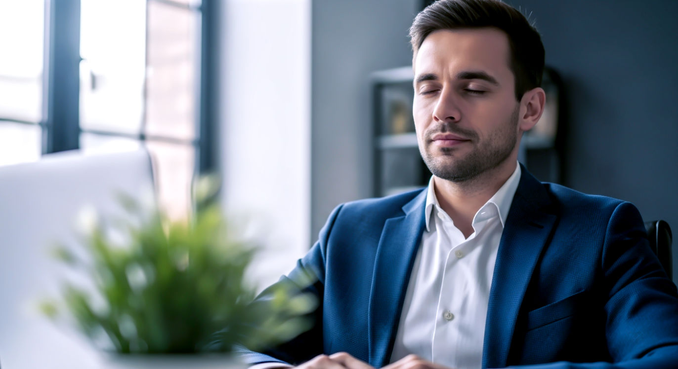 A professional, lifelike photograph capturing a moment of serene focus. A man sits at a modern, clean desk with a laptop and a small plant. His eyes are softly closed, and posture is relaxed but upright, hands resting on their lap. The lighting is soft and natural, coming from a nearby window, illuminating a subtle, peaceful expression. The mood is one of quiet, profound calm amidst a normal workday. Close-up on the person's face and upper torso, with the desk slightly blurred in the foreground.
