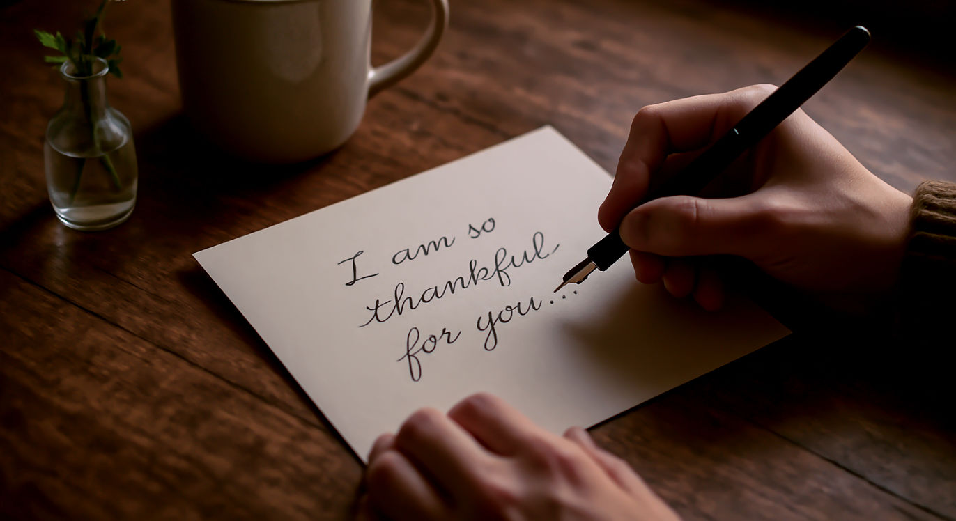 A professional, lifelike photograph capturing a quiet, intimate moment of gratitude. A person's hands are visible, writing a heartfelt thank-you note on high-quality, cream-colored paper with an elegant fountain pen. The note sits on a warm, rustic wooden desk, next to a steaming mug of coffee and a small, simple vase with a single wildflower. The lighting is soft and warm, coming from a nearby window, creating a cozy, reflective, and peaceful mood. The focus is sharp on the words "I am so thankful for you..." being written.
