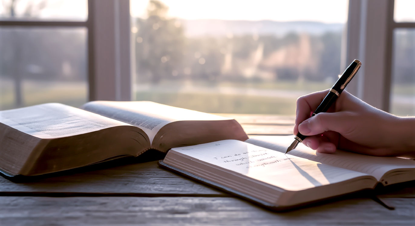 Professional DSLR photo, 16:9, golden-hour side light. Subject: An open, well-worn Bible resting on a rustic wooden table. Foreground: A single hand is writing one of the affirmations (e.g., "I can do all things...") in a journal next to the Bible. Background: A soft-focus, peaceful window scene with morning light streaming in. Mood: Hopeful. Note: NO text, NO abstract graphics.