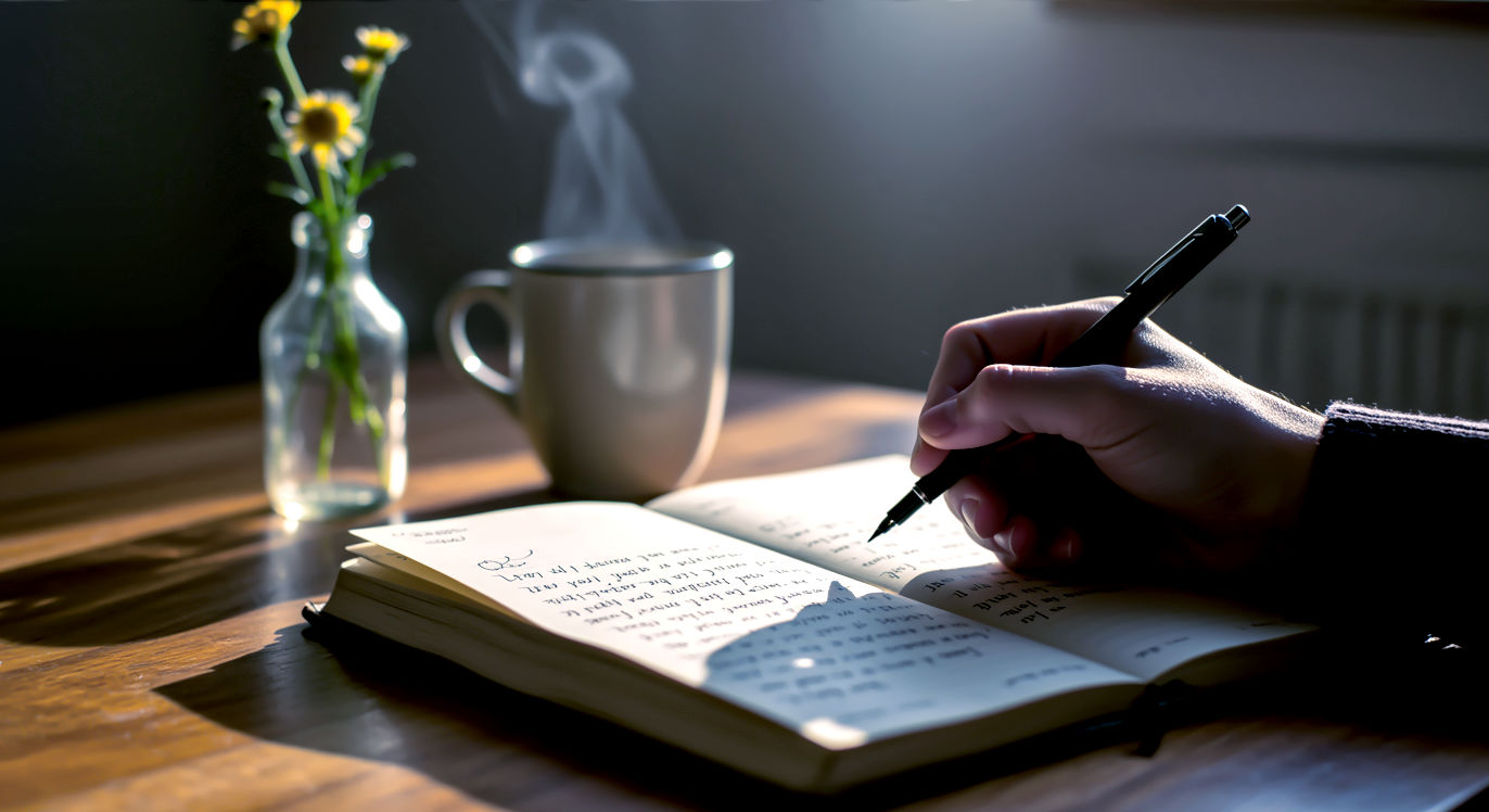 Professional DSLR photo, 16:9, golden-hour side light. Subject: A rustic, open wooden journal on a warm wooden table. Foreground: A hand is visible, mid-sentence, writing in the journal with a simple black ink pen. Background: Softly blurred, a steaming cup of coffee and a small vase with a single wildflower. Mood: Reflective Note: NO text, NO abstract graphics. The focus is on the act of reflection and gratitude.