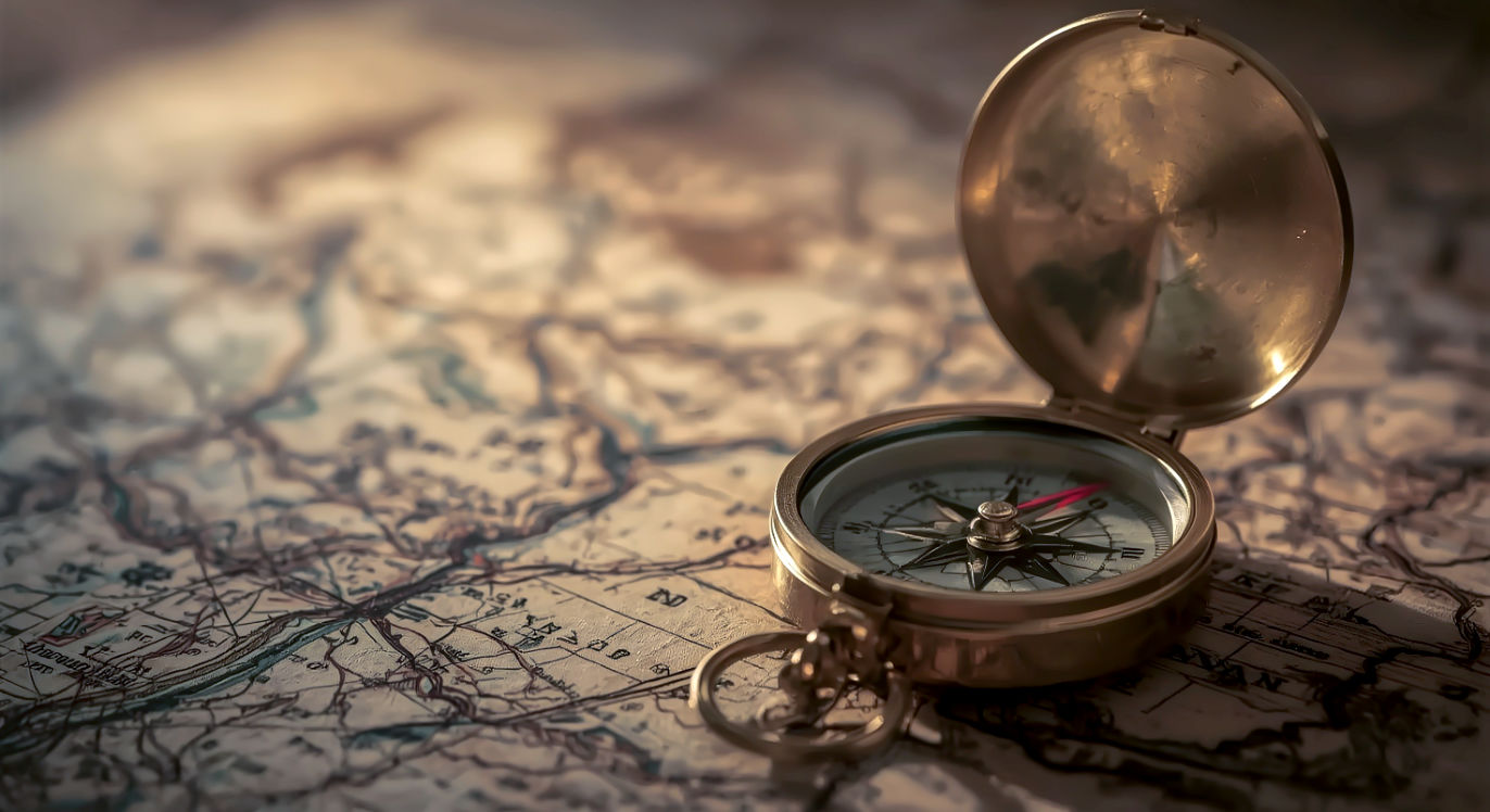 Professional DSLR photo, 16:9, golden-hour side light. Subject: An antique, brass compass resting on a weathered wooden table. Foreground: The compass needle and the "N" (North) marker in sharp, clear focus. Background: A softly blurred, old, hand-drawn map. Mood: Clarity 