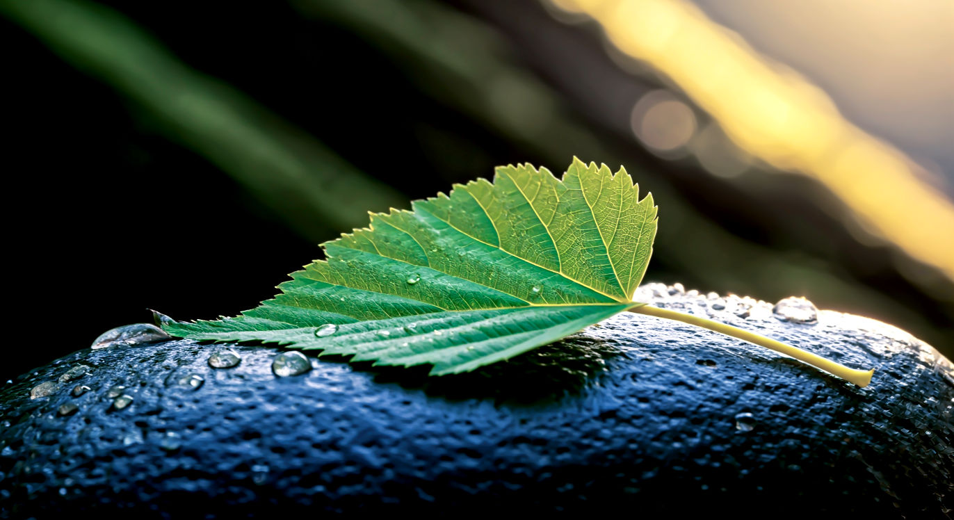 Professional DSLR photo, 16:9, golden-hour side light. Subject: A single, perfect, green leaf (like a new-growth maple or oak leaf) resting on a dark, smooth, wet stone. Foreground: A few clear water droplets are visible on the leaf and stone, catching the light. Background: Soft-focus, blurred natural elements, like the dark trunk of a tree or mossy ground. Mood: Calm Note: NO text, NO abstract graphics. This image should evoke simplicity, nature, and stillness.