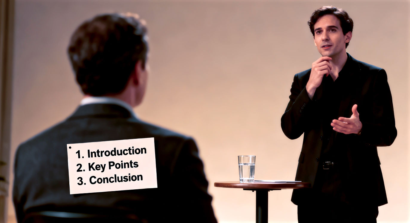 A professional, close-up photograph with a warm, supportive mood. The shot is an over-the-shoulder view from behind a speech coach, who is sitting and observing. The focus is on a client, who is standing and practicing their delivery. The client is captured mid-gesture, looking focused and thoughtful rather than panicked. Beside them, on a small table, is a glass of water and a single notecard with three simple, bolded bullet points. The warm lighting and soft background create a feeling of a safe, constructive, and focused working session.