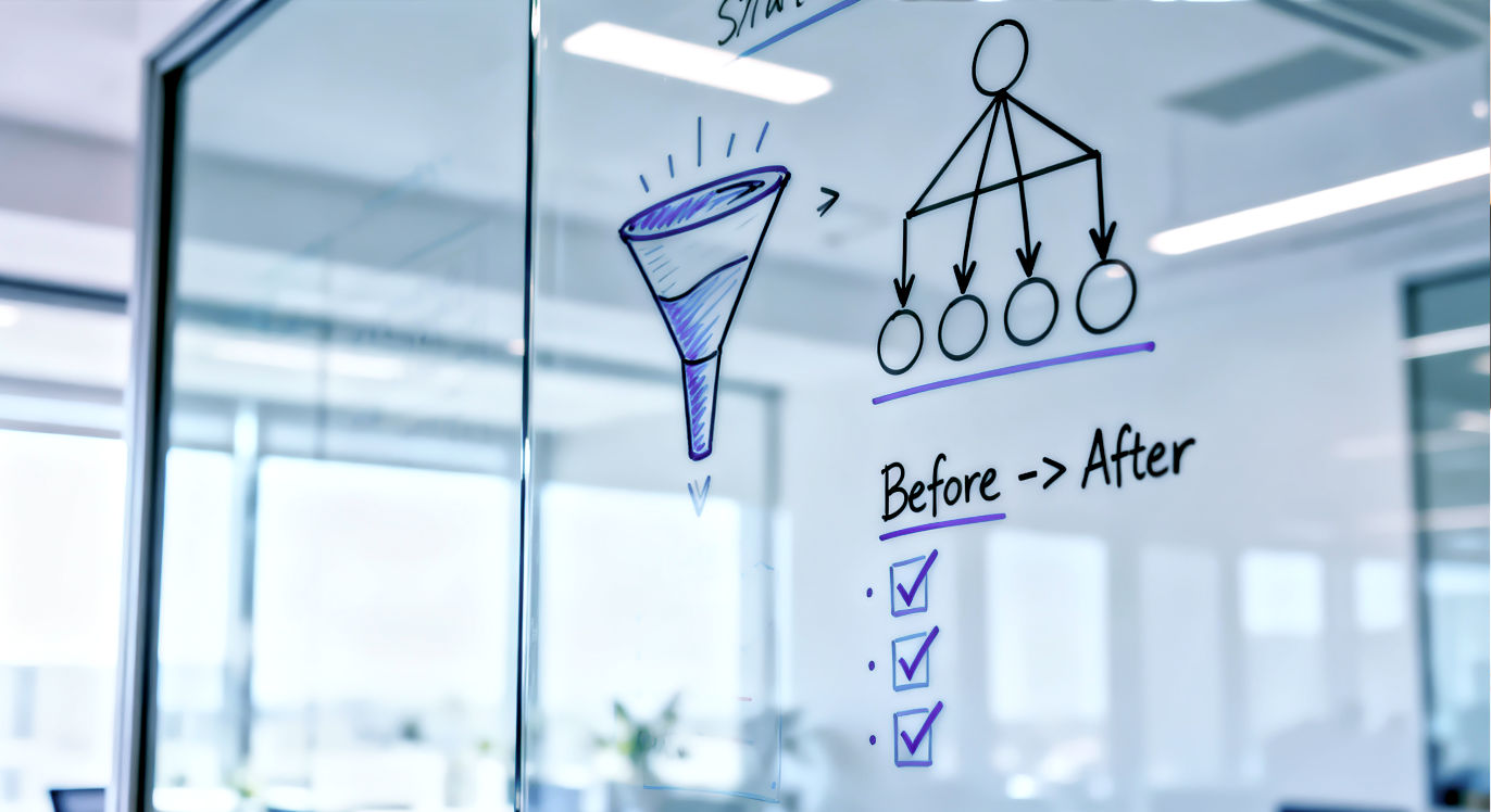 Professional DSLR photo, 16:9, bright, clean office light. Subject: A close-up, angled shot of a large glass whiteboard. Foreground: The whiteboard is covered in neat, marker-drawn strategic diagrams: a sales funnel, a simple org chart showing delegation (arrows pointing down), and a "Before -> After" list with checkmarks. Background: A modern, clean office with natural light, softly blurred. Mood: Productive Note: NO text, just recognizable business diagrams. The focus is on process and improvement.