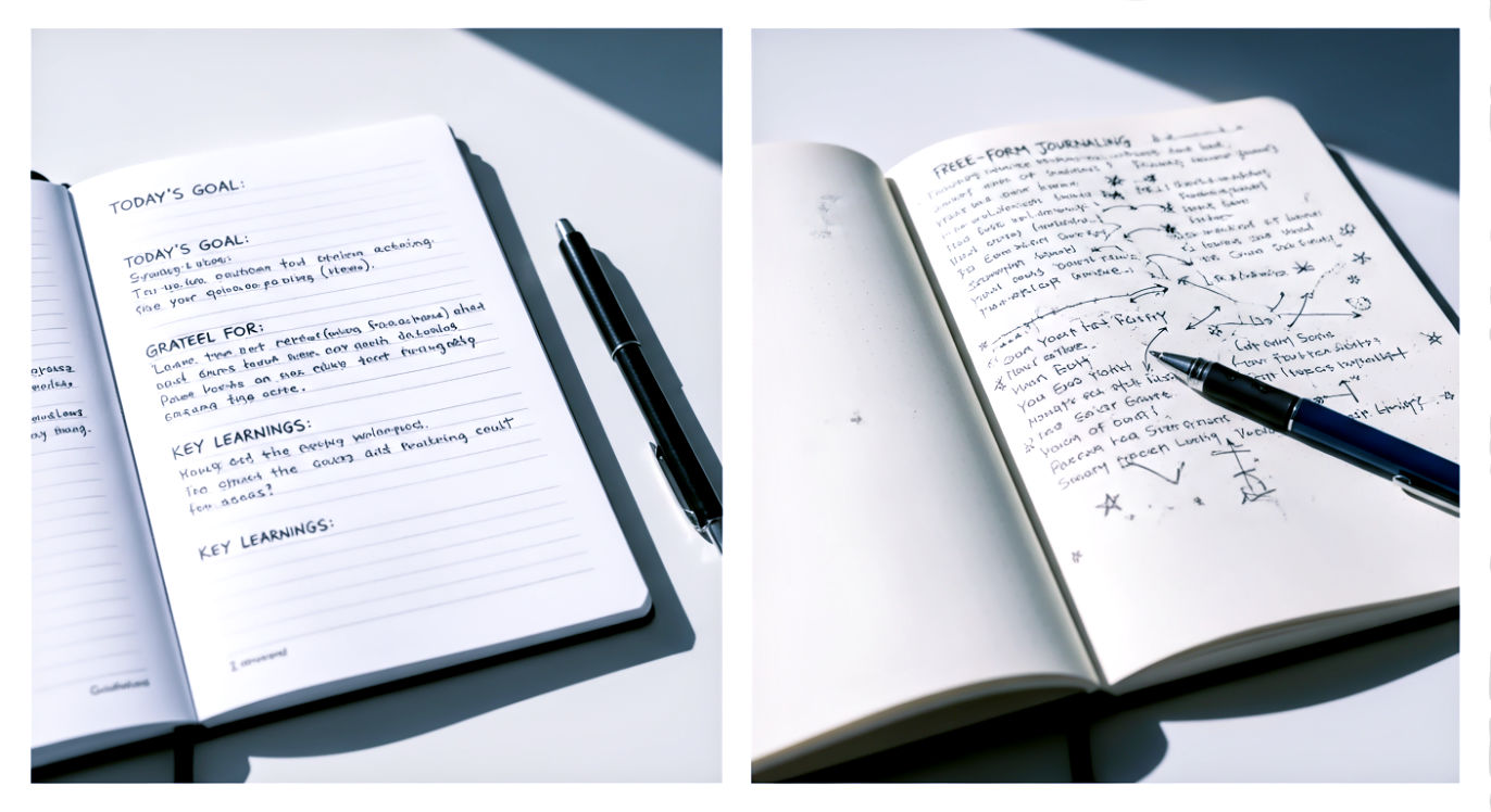A striking, dynamic split-frame or diptych photograph visually representing the contrast between structured and free-form journaling. On the left side, a pristine, organized image of a guided journal with clear, pre-printed prompts and concise entries. On the right side, a more organic, textured image of a blank notebook open to pages filled with expressive, flowing handwriting, perhaps with some scribbles or arrows indicating deep thought. The two sides are clearly distinct but visually balanced, showcasing their unique strengths. Use soft, directional lighting to highlight the textures of the paper and pens.